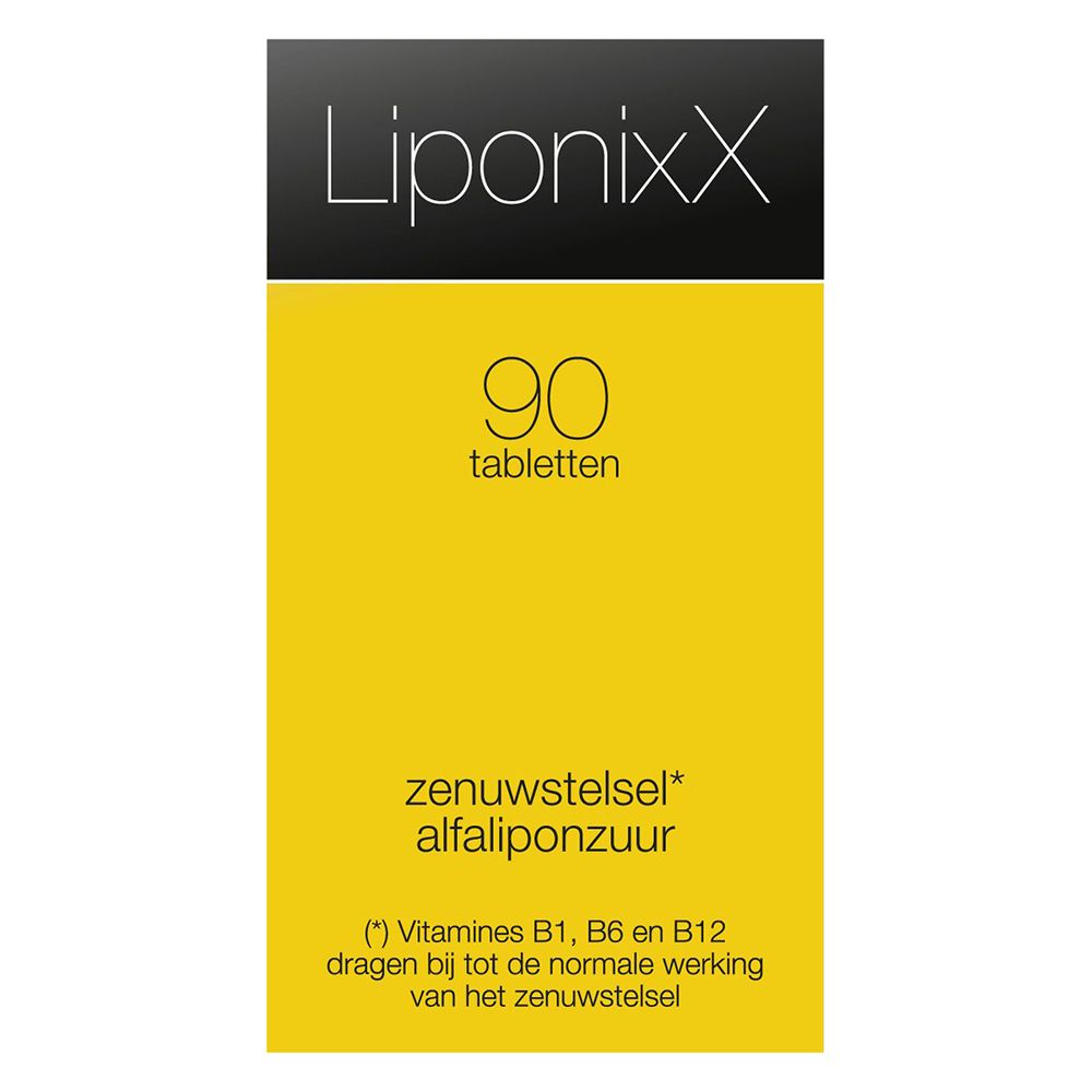 Zwarte fles met zwarte dop. Geel etiket met witte tekst: LiponixX, 90 tabletten.