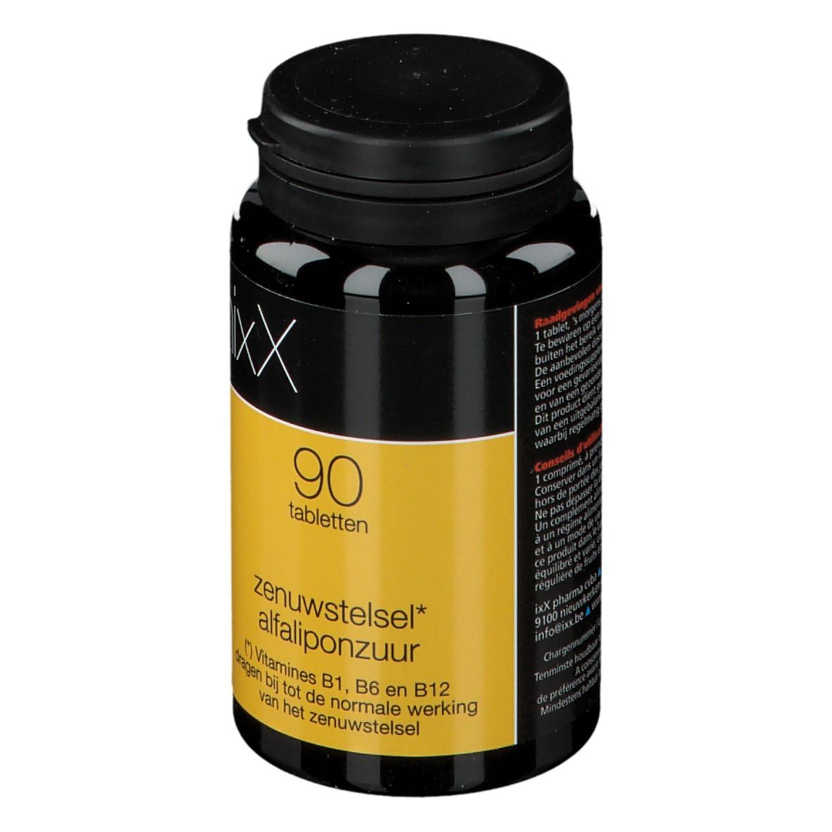 Flacon noir avec bouchon noir. Étiquette jaune avec texte blanc: LiponixX, 90 comprimés.
