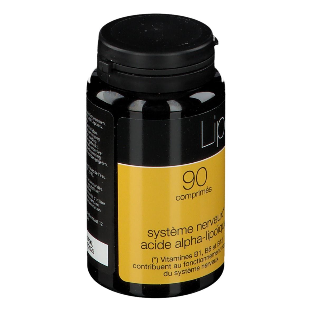 Flacon noir avec bouchon noir. Étiquette jaune avec texte blanc: LiponixX, 90 comprimés.
