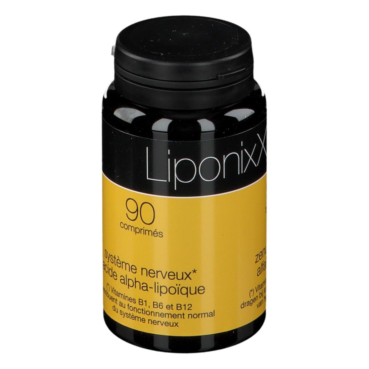 Flacon noir avec bouchon noir. Étiquette jaune avec texte blanc: LiponixX, 90 comprimés.