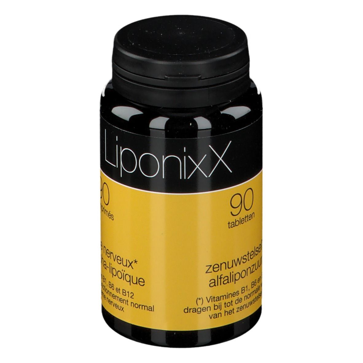 Flacon noir avec bouchon noir. Étiquette jaune avec texte blanc: LiponixX, 90 comprimés.