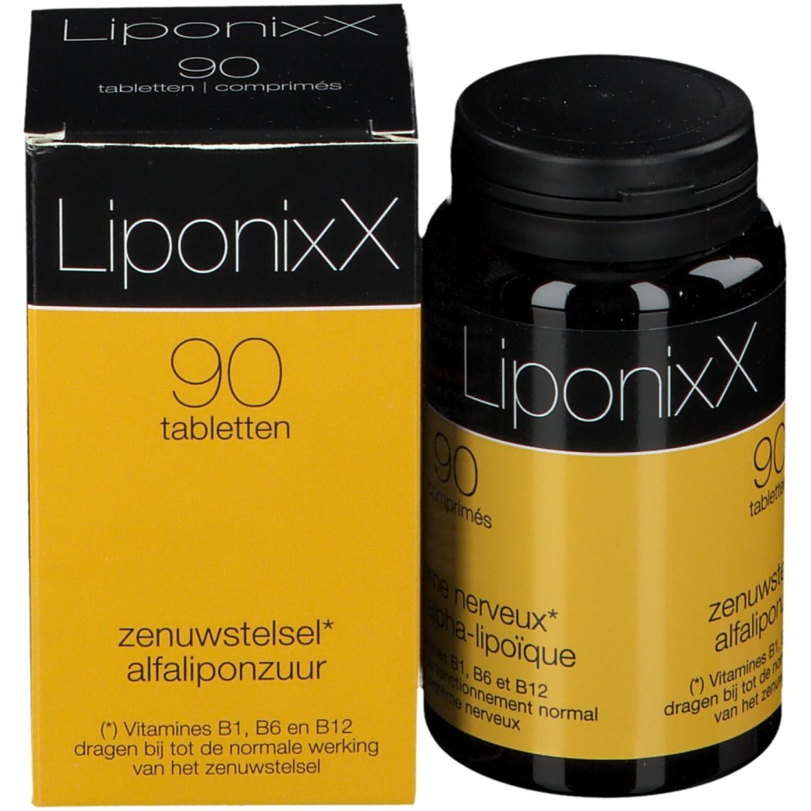 Flacon noir et boîte. Étiquette jaune avec texte blanc: LiponixX, 90 comprimés.