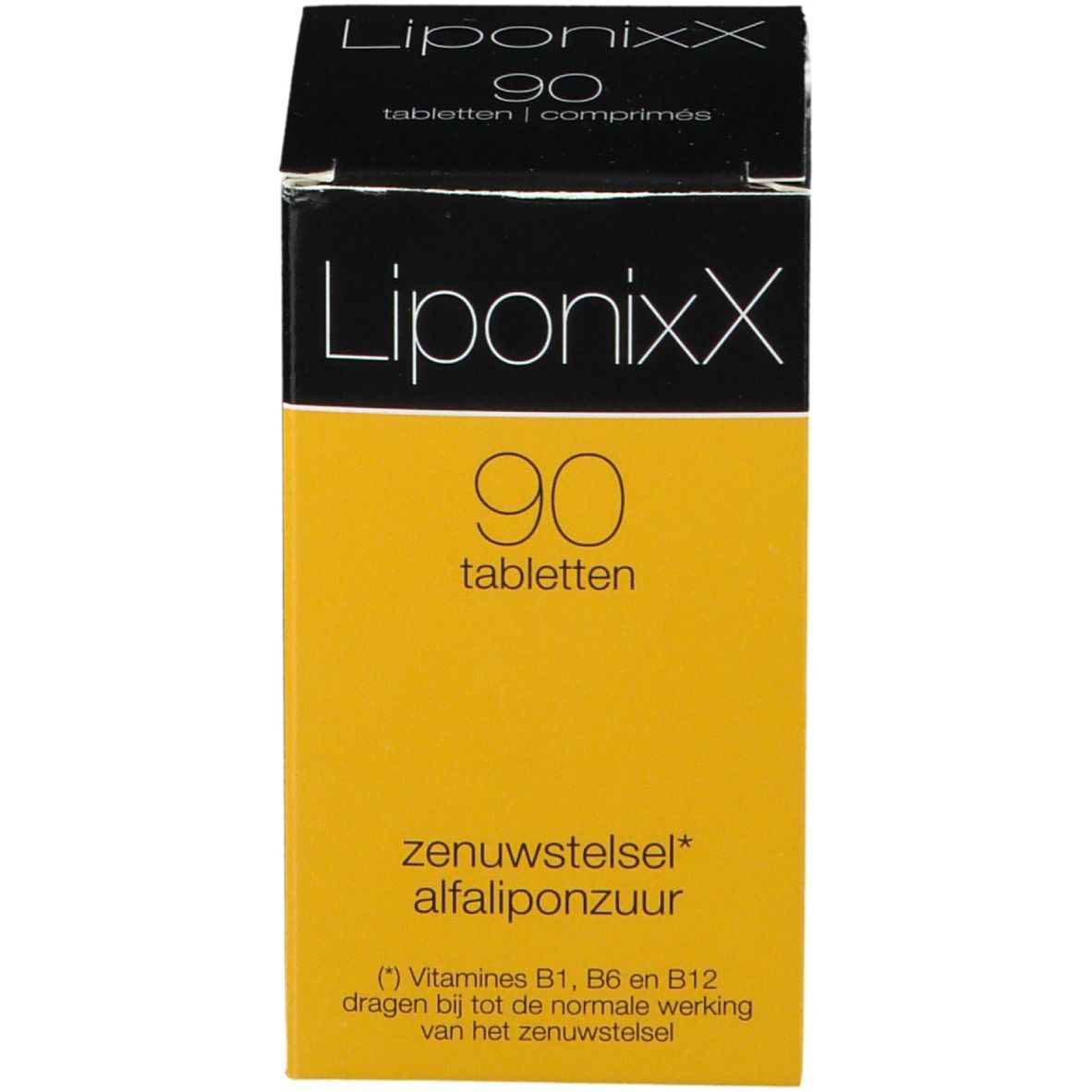Boîte avec étiquette jaune et texte blanc: LiponixX, 90 comprimés.
