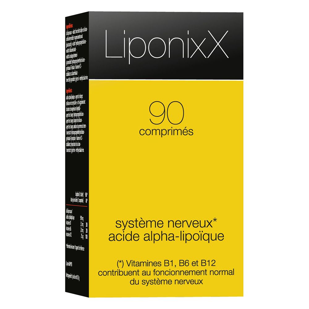 Boîte avec étiquette jaune et texte blanc: LiponixX, 90 comprimés.