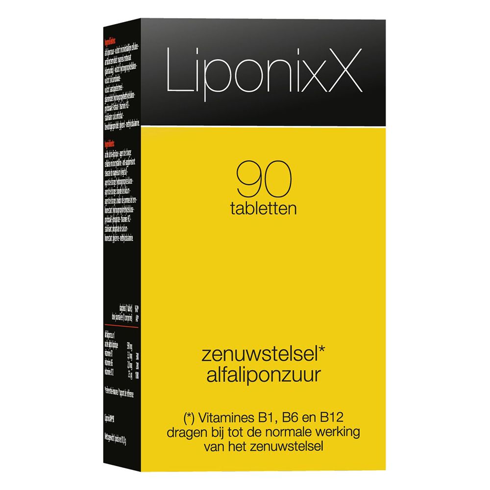 Zwarte fles met zwarte dop. Geel etiket met witte tekst: LiponixX, 90 tabletten.