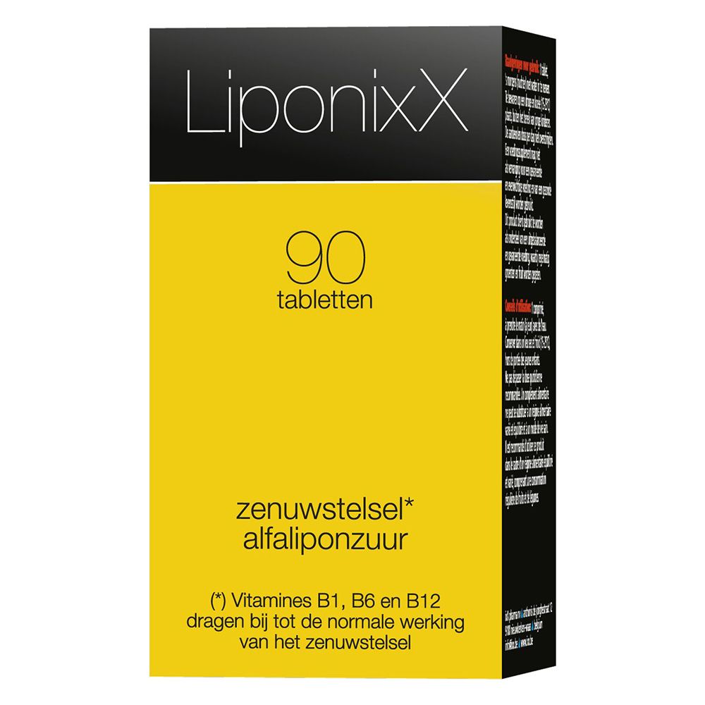 Doos met geel etiket en witte tekst: LiponixX, 90 tabletten.