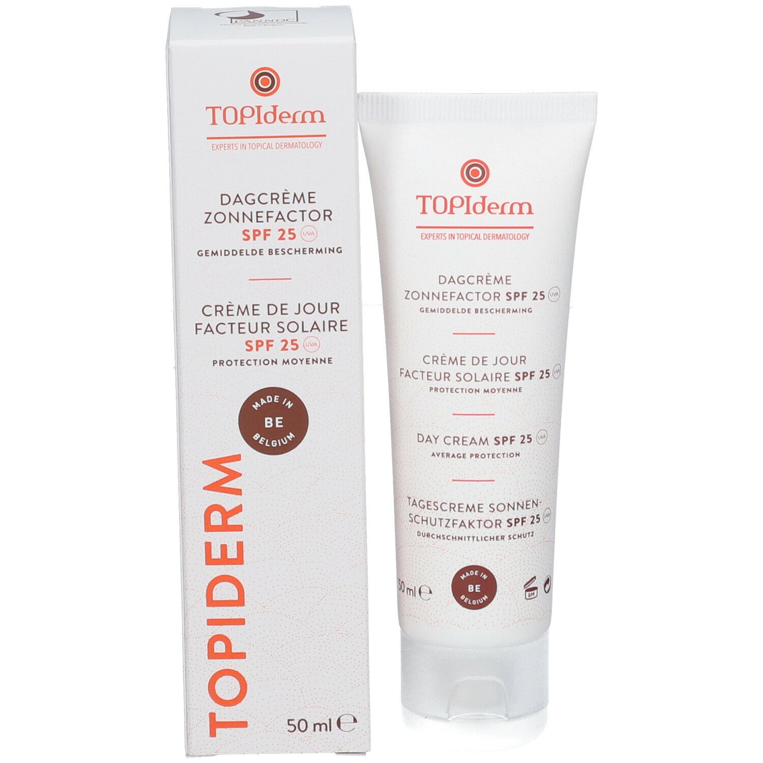 Tube blanc et carton avec inscription rouge TOPIDERM, Crème de jour facteur solaire SPF 25. Texte en allemand, français, néerlandais.
