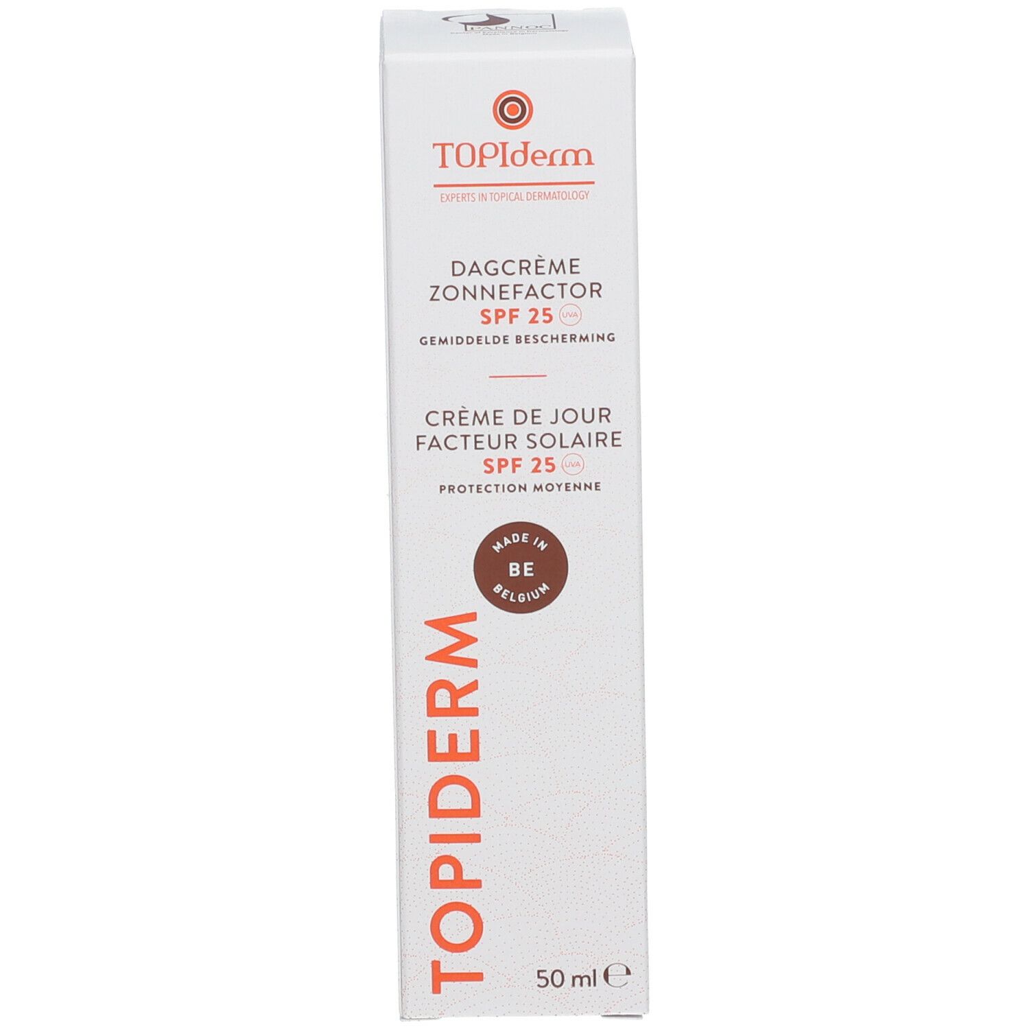Boîte blanche avec inscription rouge TOPIDERM, Crème de jour facteur solaire SPF 25. Texte en allemand, français, néerlandais.
