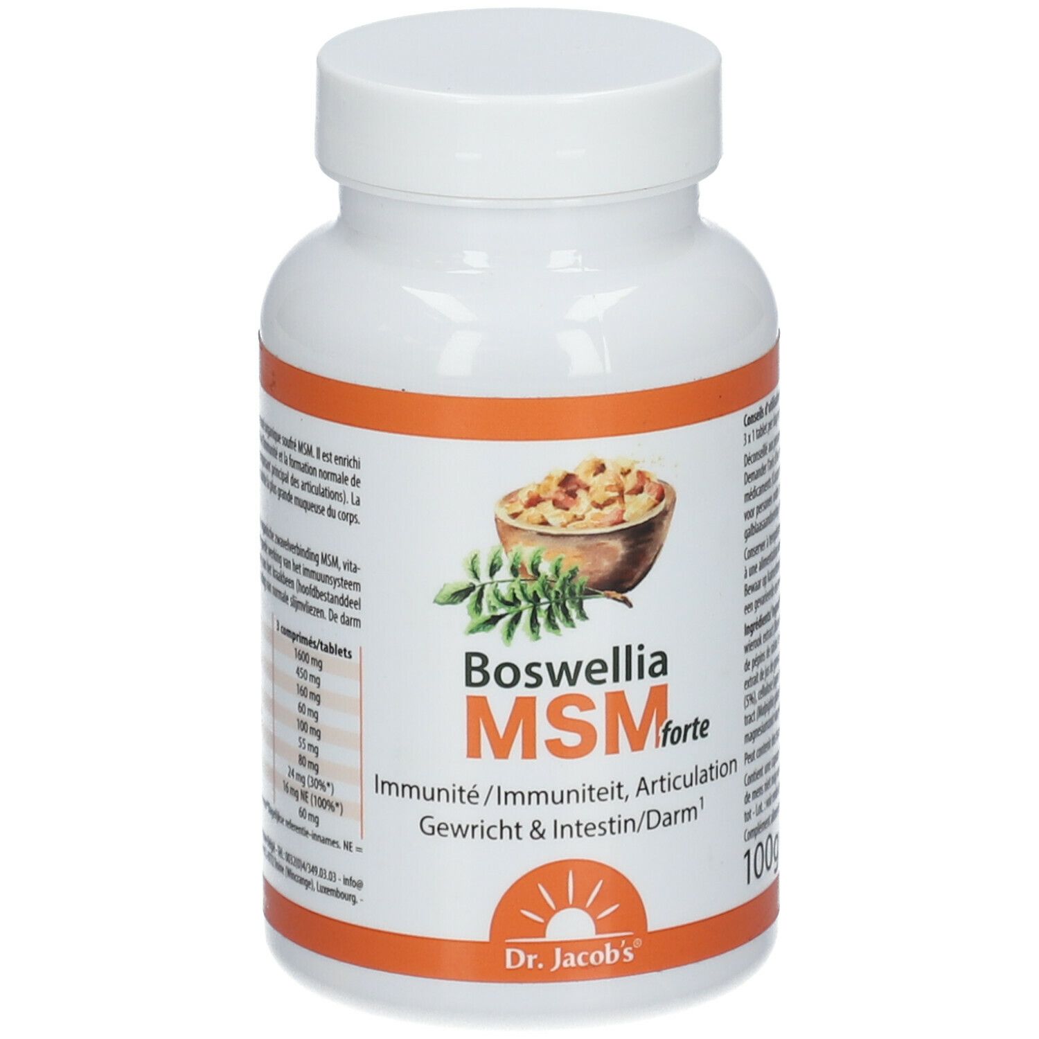 Witte fles met oranje etiket. Opschrift: Boswellia MSM forte. Afbeelding van Boswellia-stukken. 100g. Dr. Jacobs'.