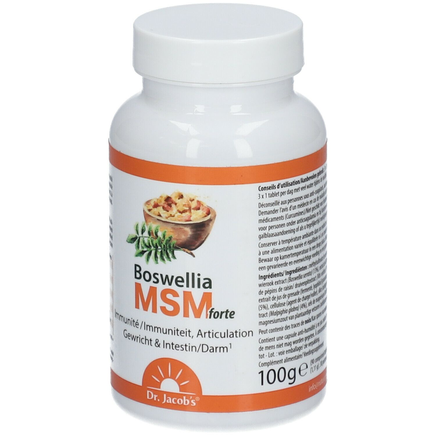 Witte fles met oranje etiket. Opschrift: Boswellia MSM forte. Afbeelding van Boswellia-stukken. 100g. Dr. Jacobs'.