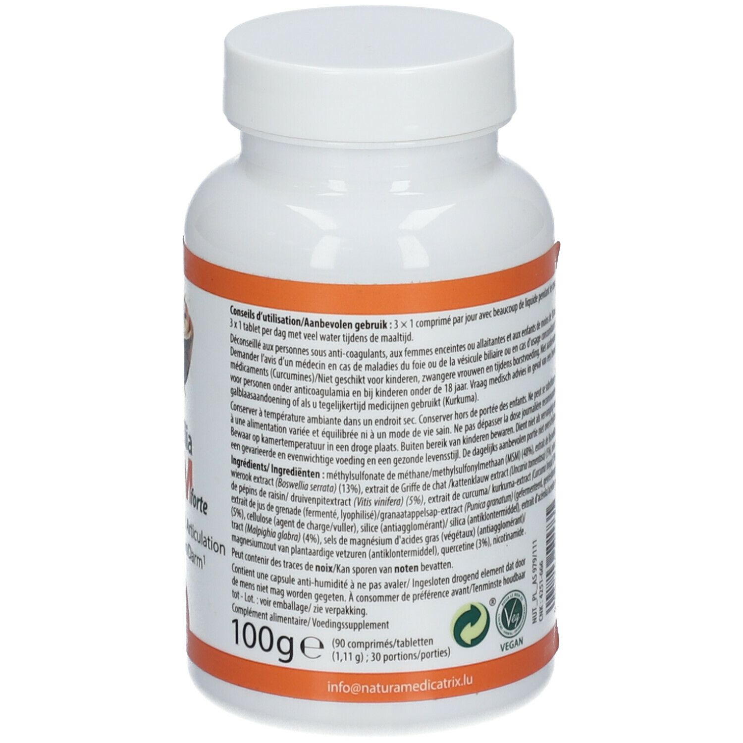 Achterkant van de witte fles. Oranje etiket met ingrediënten en gebruiksaanwijzing. Veganistisch logo. 100g. Natura Medicatrix.