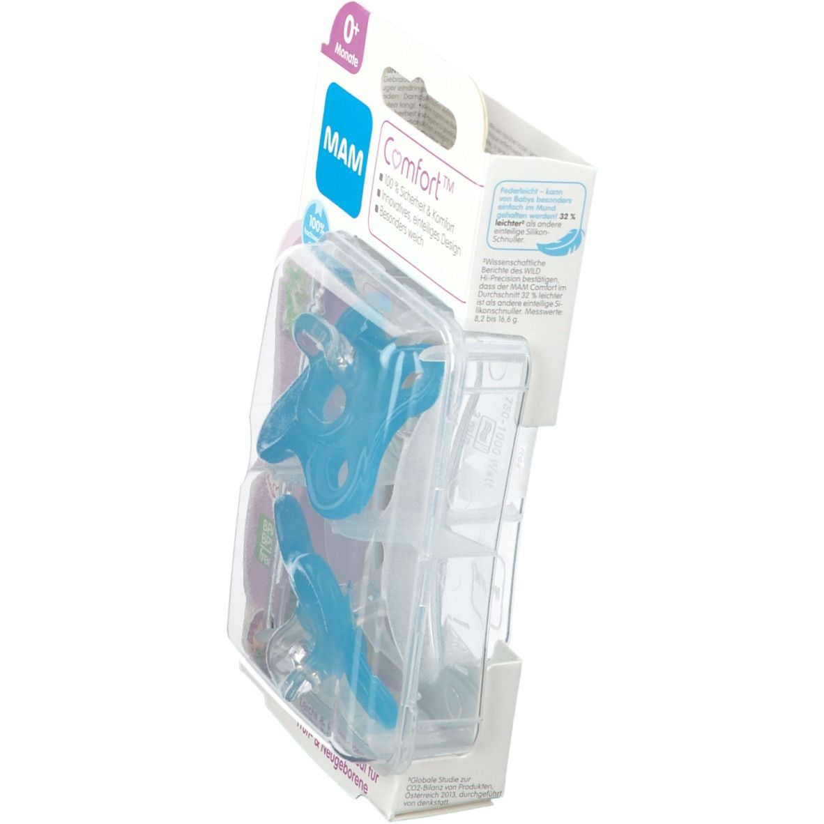 Zijaanzicht van de verpakking met twee blauwe MAM Comfort fopspenen. Voor 0+ maanden. Zachte siliconen.