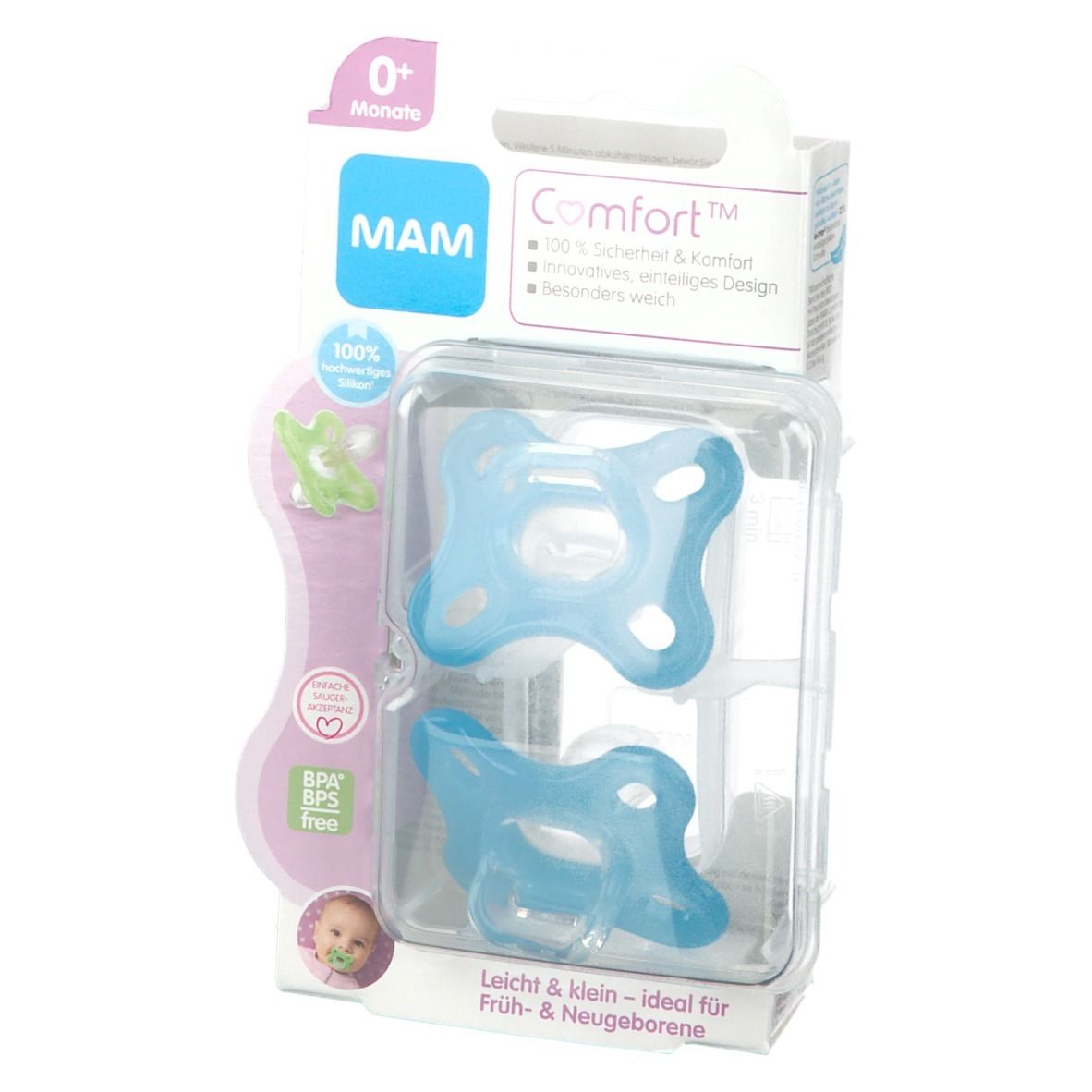 Verpakking met twee blauwe MAM Comfort fopspenen. Voor 0+ maanden. BPA/BPS-vrij. Zachte siliconen.