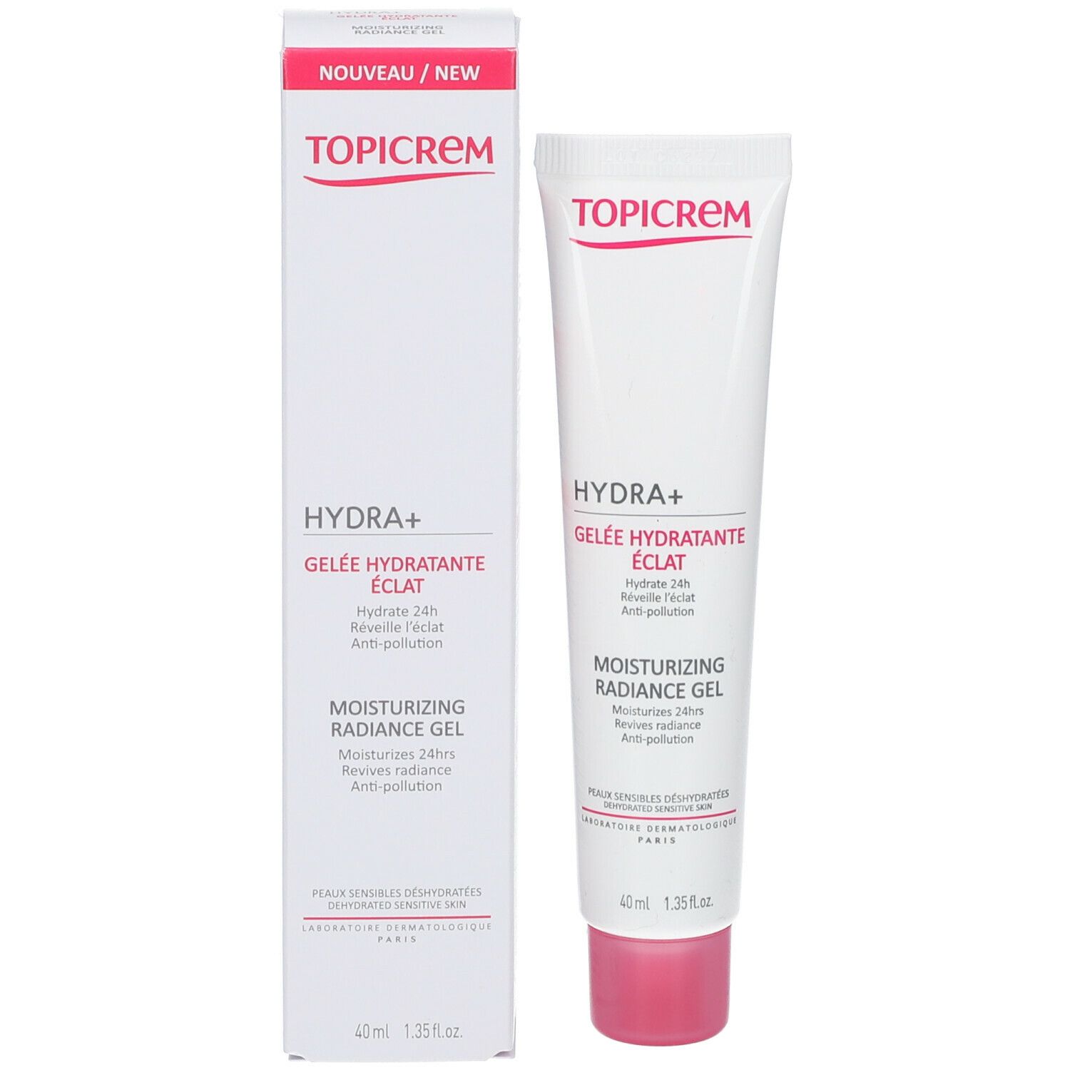 TOPICREM Hydra+ Gelée Hydratante Éclat tube en verpakking. Witte tube en doos met roze accenten.