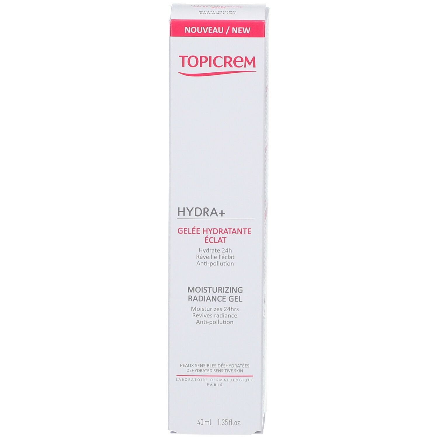 TOPICREM Hydra+ Gelée Hydratante Éclat verpakking. Witte doos met roze accenten en productnaam.