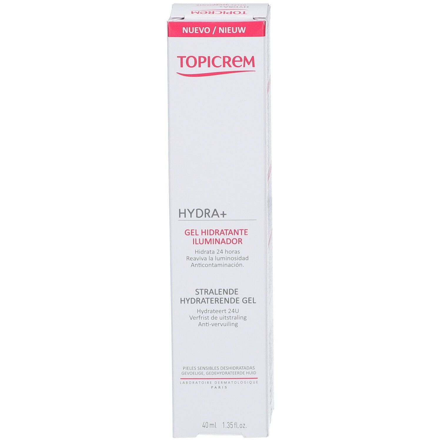 TOPICREM Hydra+ Gel Gelée Hydratante Éclat verpakking. Witte doos met roze accenten en productnaam.