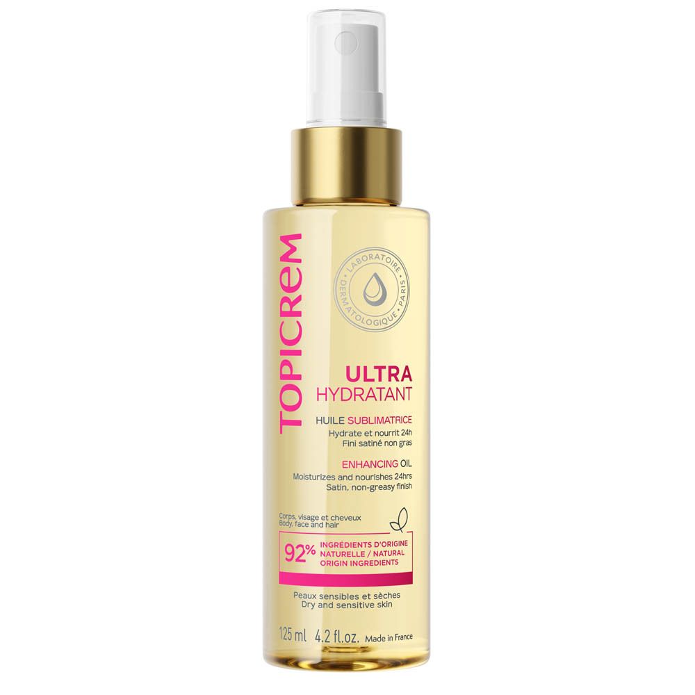 Gelbliche Ölflasche mit Sprühkopf. Beschriftung: TOPICREM, ULTRA HYDRATANT, HUILE SUBLIMATRICE. 92% Inhaltsstoffe natürlichen Ursprungs.