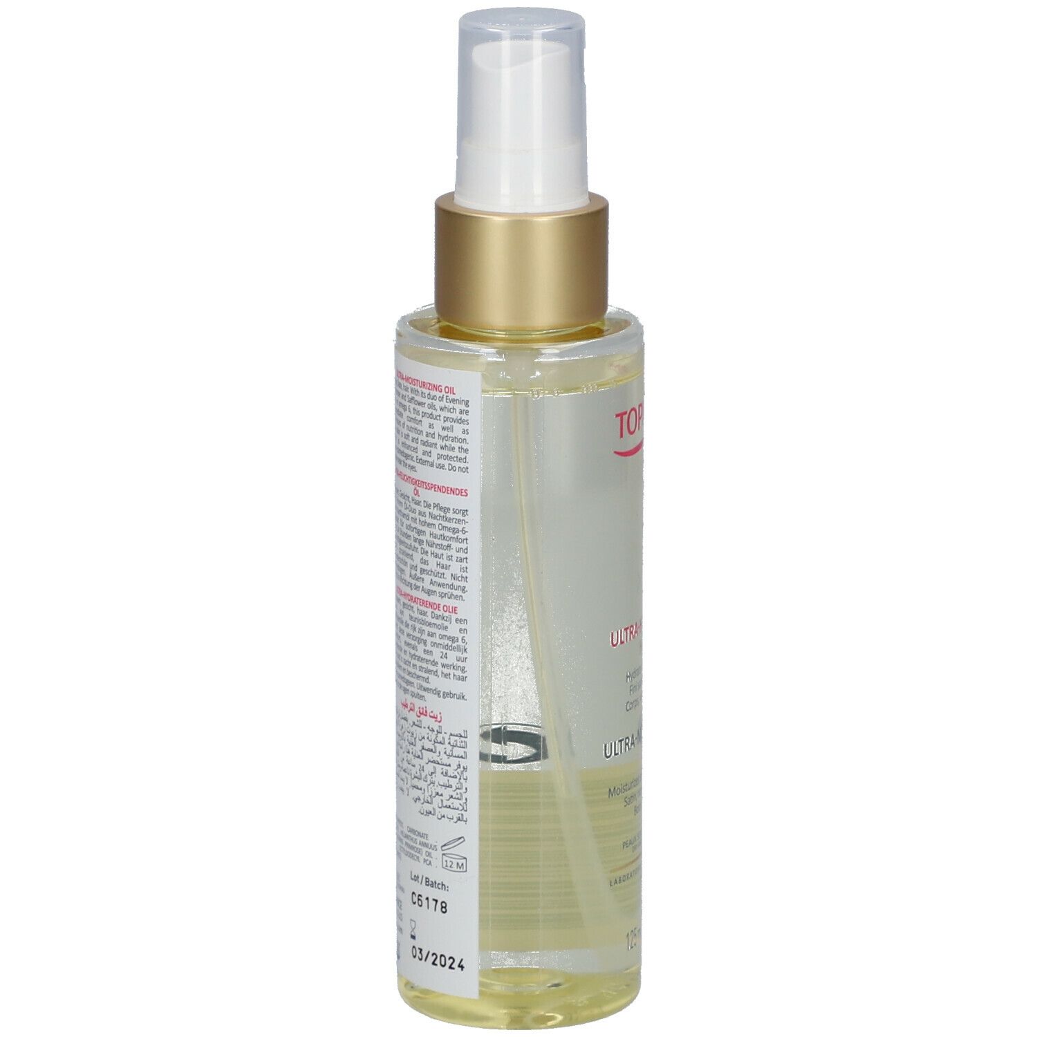 Fles met verstuiver, zijaanzicht. Etiket met tekst. TOPICREM, ULTRA-HYDRATANTE, ULTRA-MOISTURIZING OIL. Houdbaarheidsdatum.
