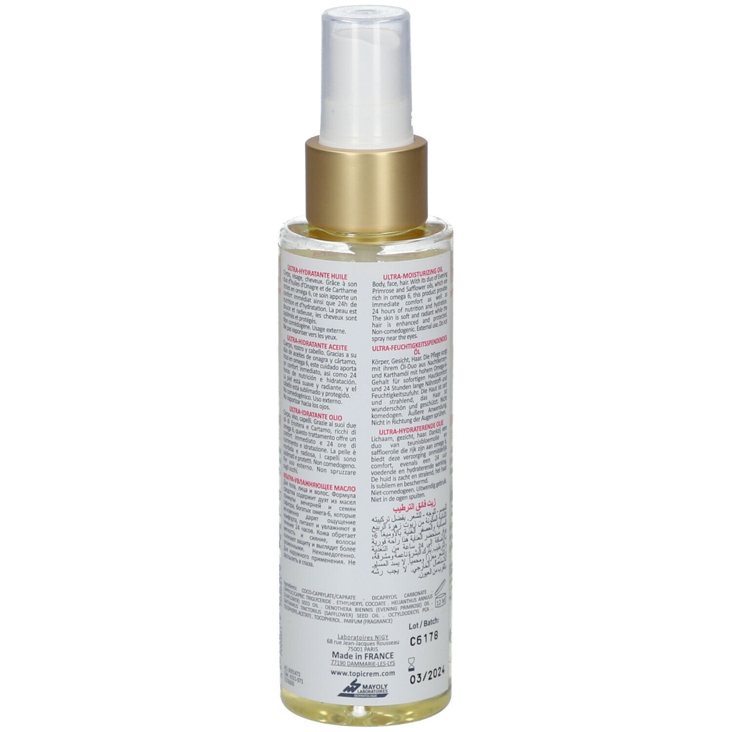 Achterkant van de fles met tekst. TOPICREM, ULTRA-HYDRATANTE, ULTRA-MOISTURIZING OIL. Ingrediënten, gebruiksaanwijzing.