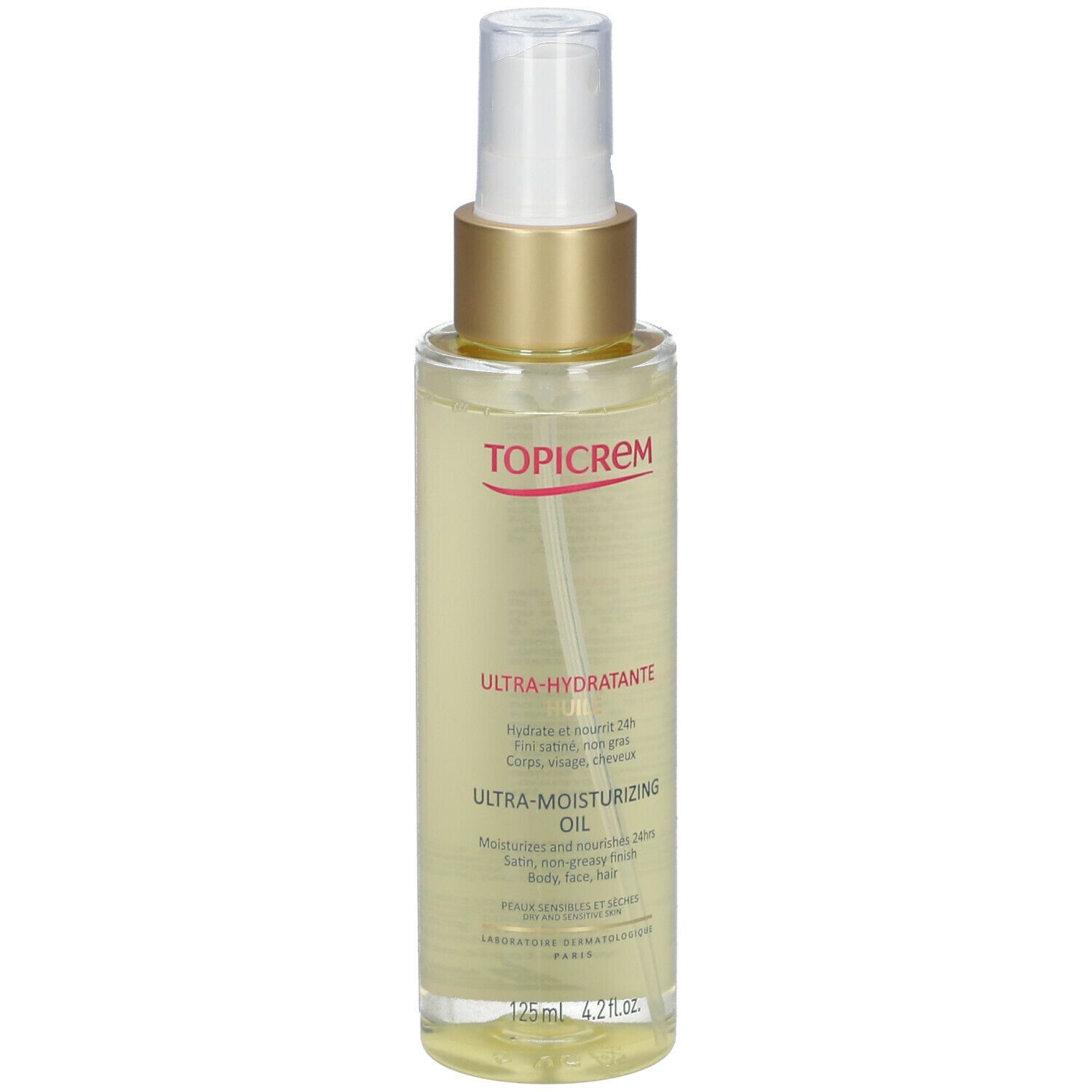 Transparante fles met verstuiver. Opschriften TOPICREM, ULTRA-HYDRATANTE, ULTRA-MOISTURIZING OIL. 125ml.