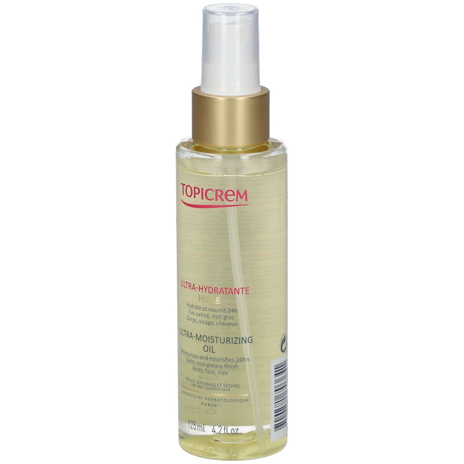 Transparante fles met verstuiver. Opschriften TOPICREM, ULTRA-HYDRATANTE, ULTRA-MOISTURIZING OIL. 125ml.