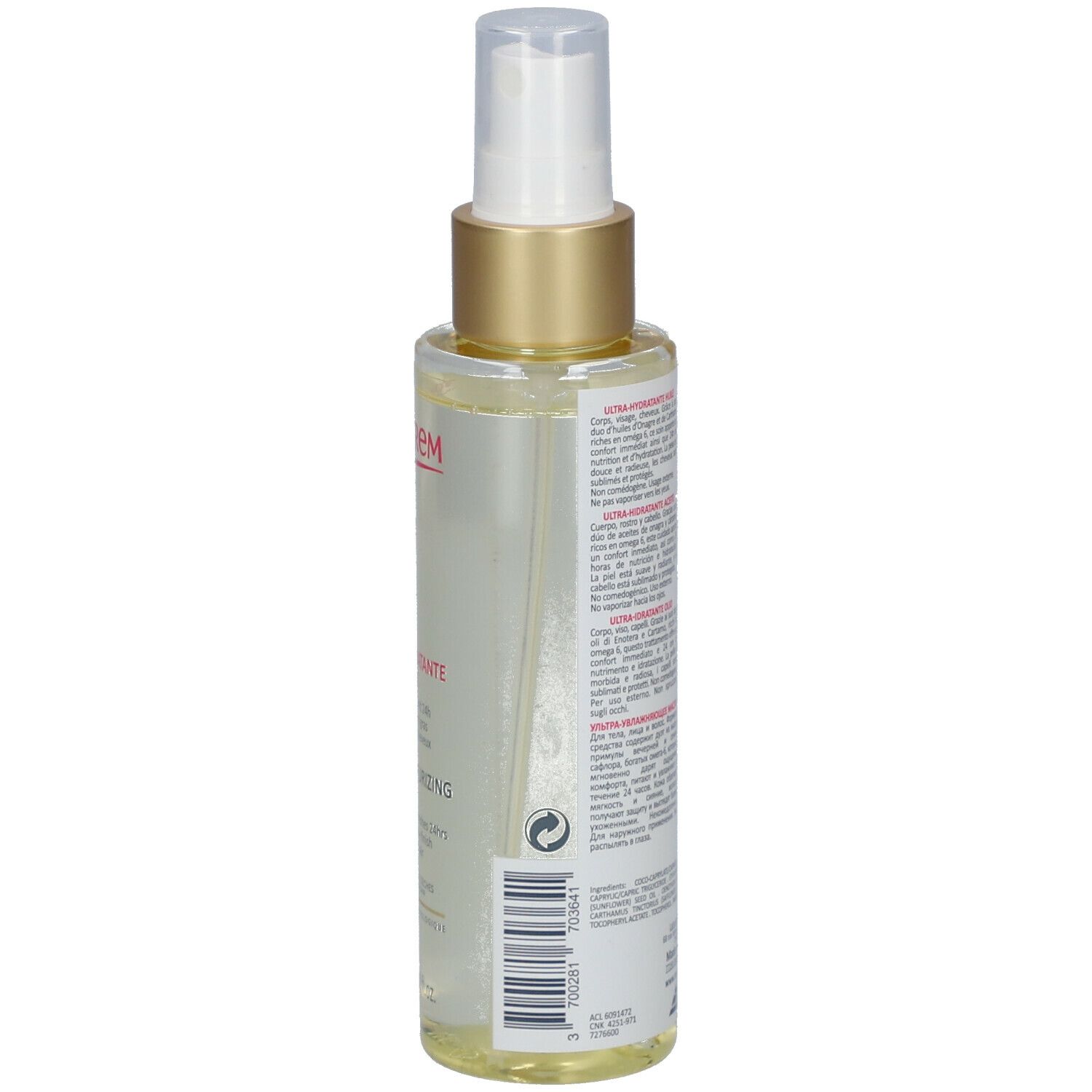 Fles met verstuiver, zijaanzicht. Etiket met tekst. TOPICREM, ULTRA-HYDRATANTE, ULTRA-MOISTURIZING OIL. Streepjescode.