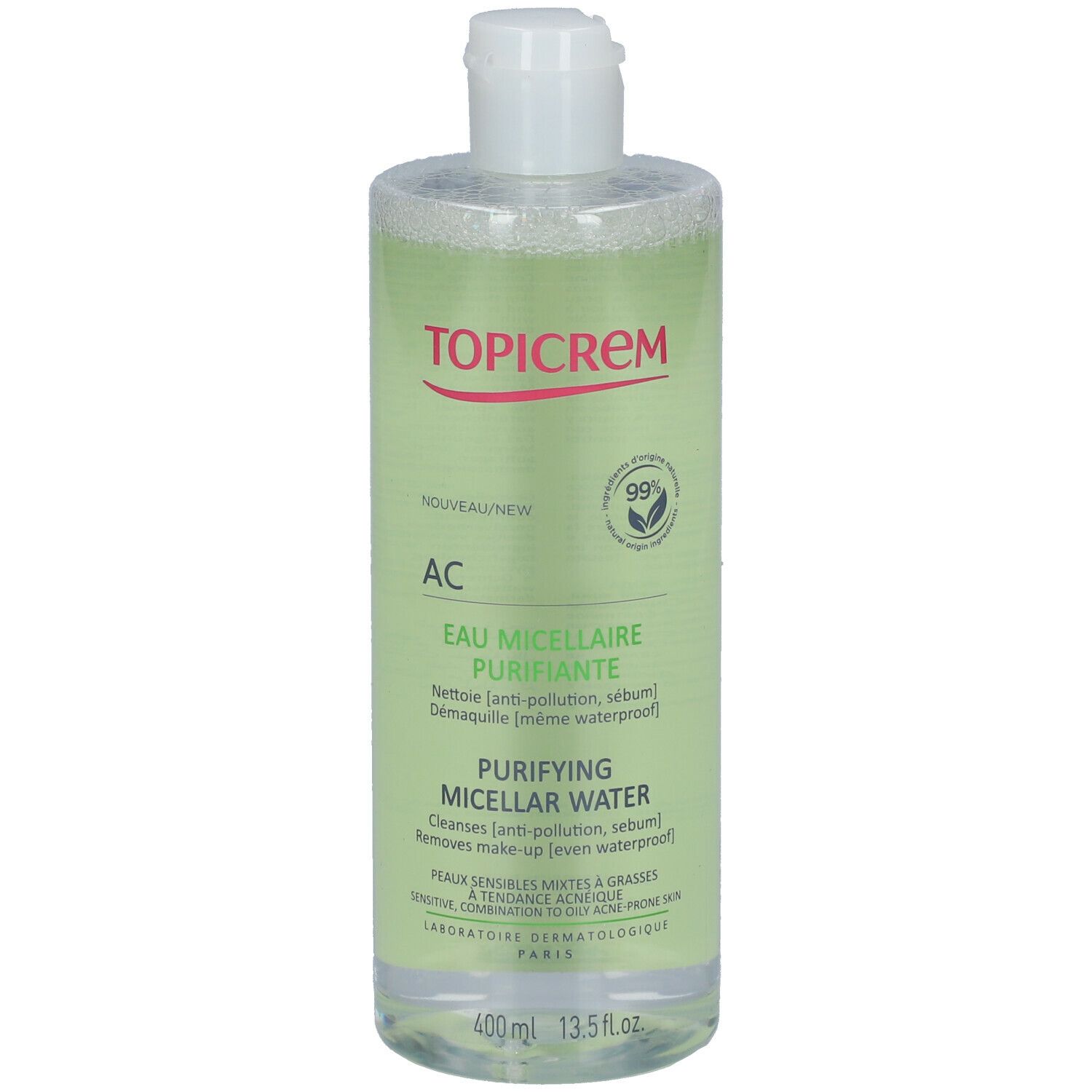 Transparante fles met witte dop. Opschrift Topicrem, AC Eau Micellaire Purifiante. Inhoud 400 ml.
