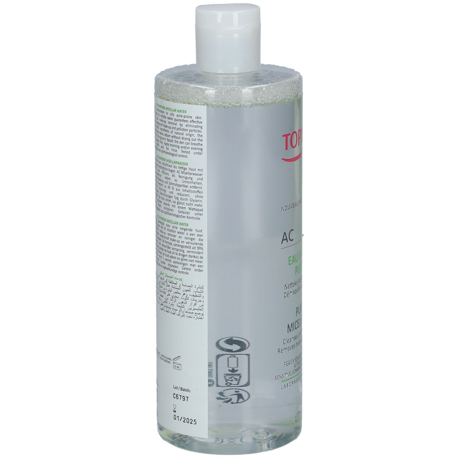 Transparante fles met witte dop. Opschrift Topicrem, AC Eau Micellaire Purifiante. Tekst op achterkant.