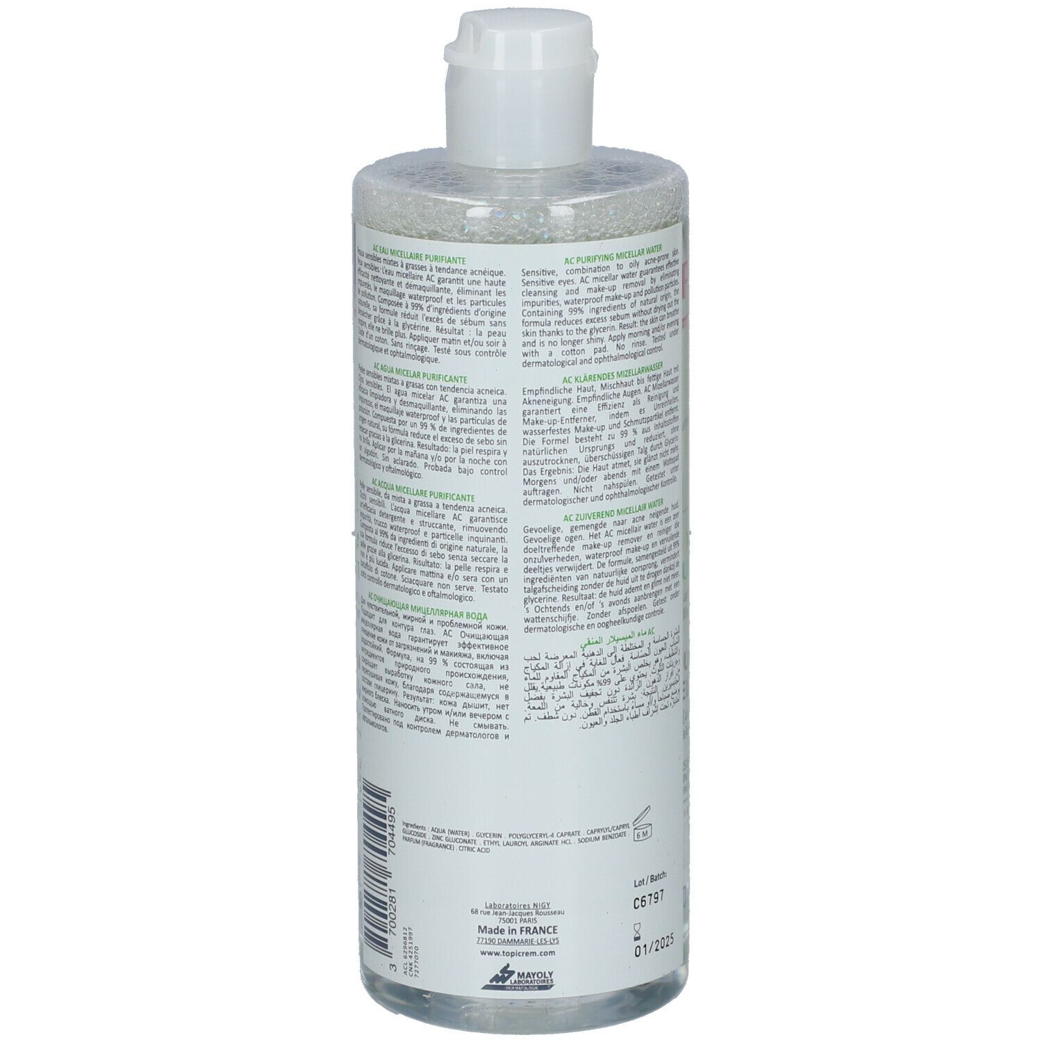 Transparante fles met witte dop. Tekst en barcode op achterkant. Opschrift Topicrem, AC Eau Micellaire Purifiante.