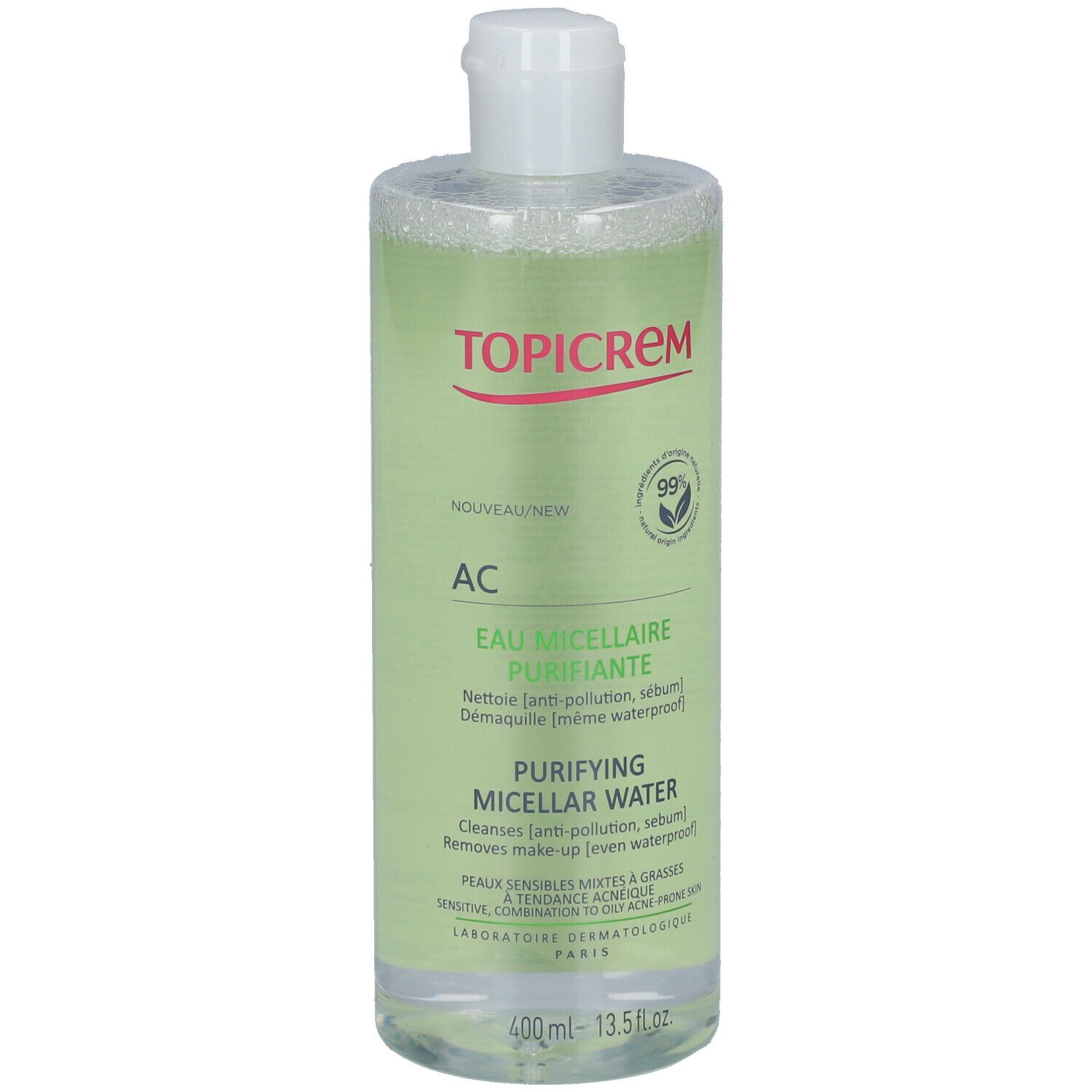 Transparante fles met witte dop. Opschrift Topicrem, AC Eau Micellaire Purifiante. Inhoud 400 ml.