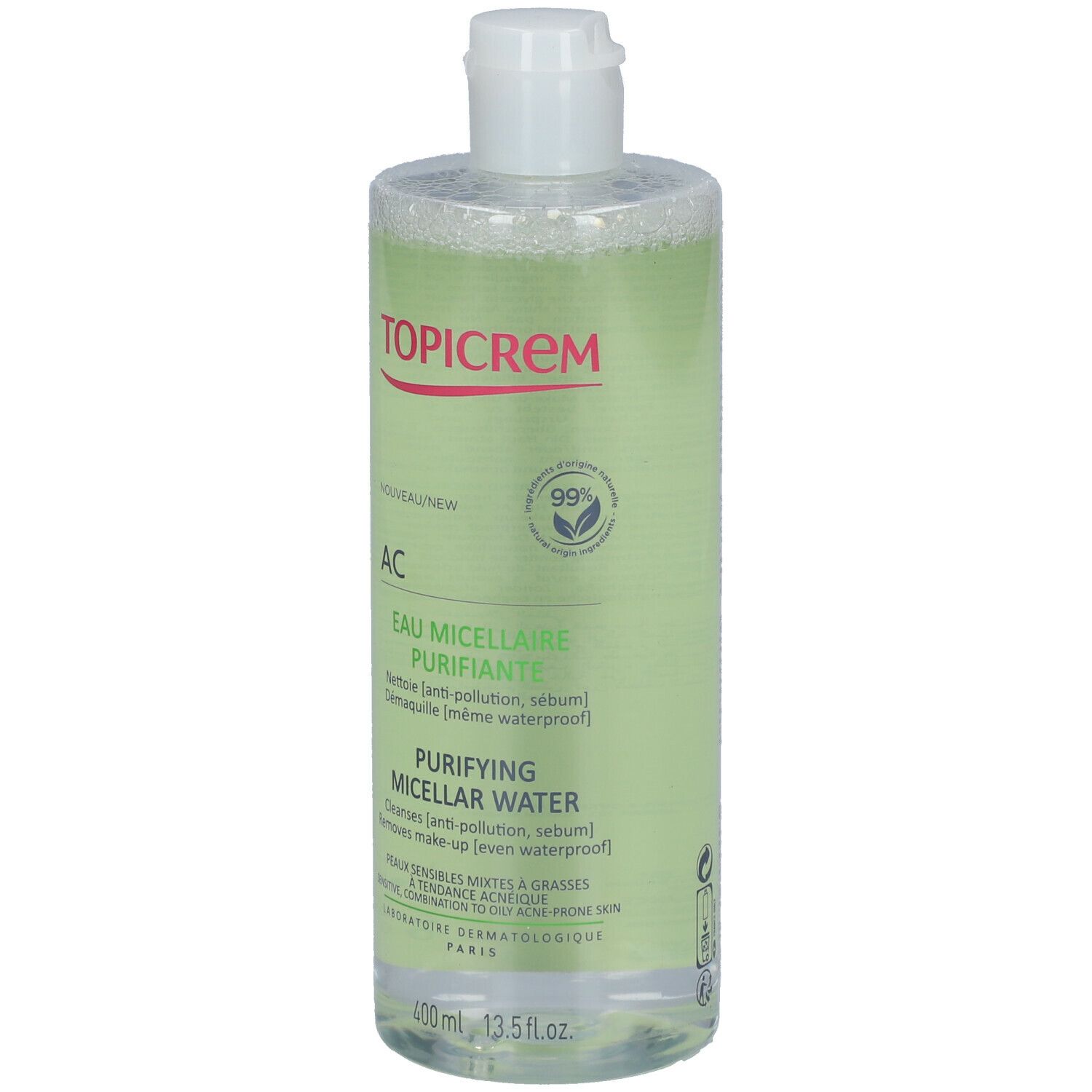 Transparante fles met witte dop. Opschrift Topicrem, AC Eau Micellaire Purifiante. Inhoud 400 ml.