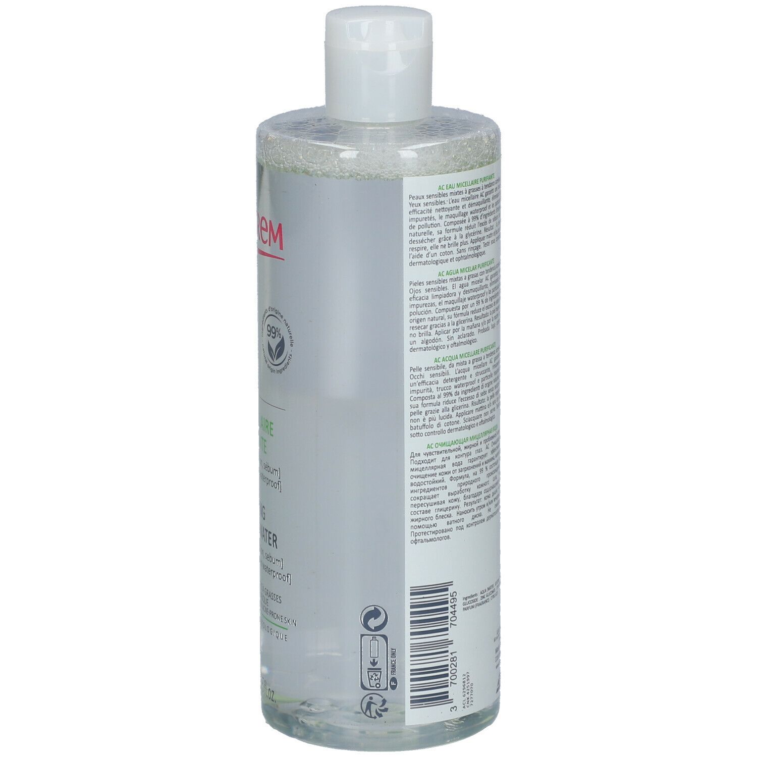 Transparante fles met witte dop. Tekst en barcode op achterkant. Opschrift Topicrem, AC Eau Micellaire Purifiante.