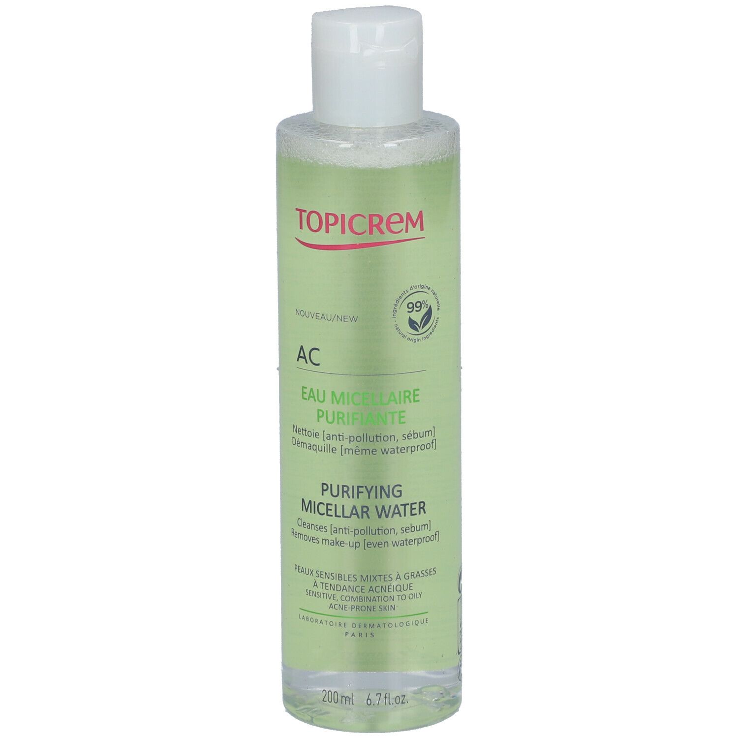 Klare Flasche mit weißem Deckel. Etikett mit Produktnamen und grünen Akzenten. Text: AC Eau Micellaire Purifiante.