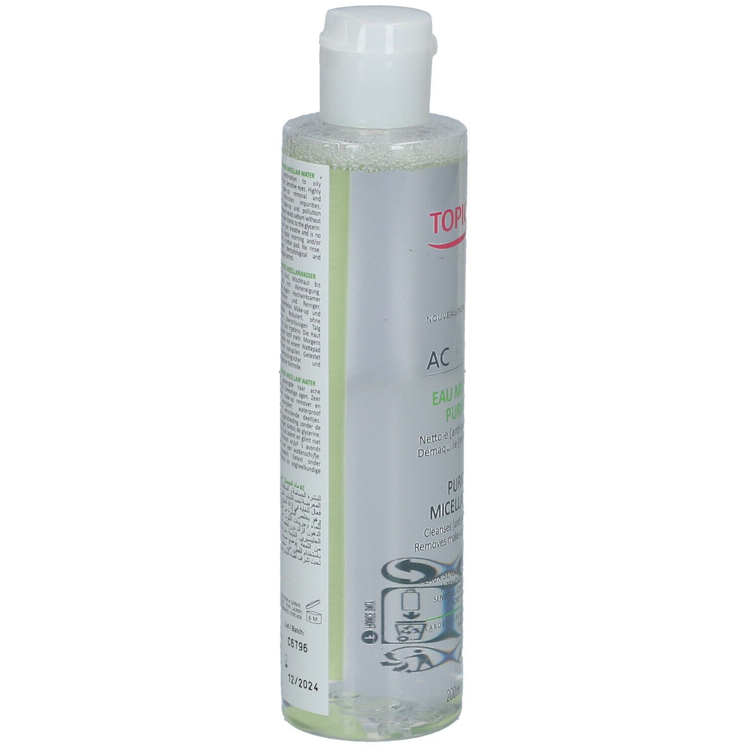 Transparente Flasche mit weißem Deckel. Etikett mit Text und grünen Akzenten. Produktname und Inhaltsstoffe.