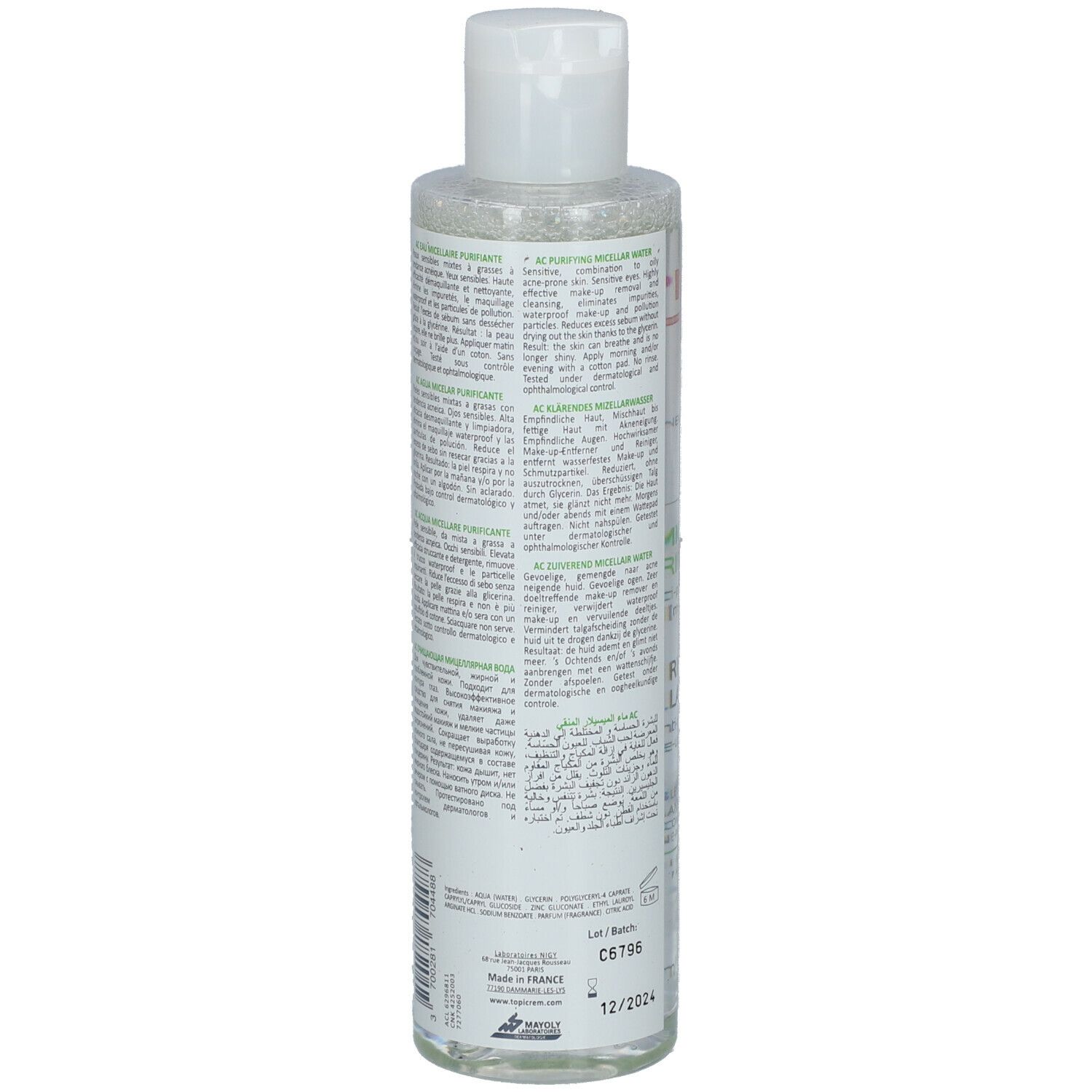 Transparente Flasche mit weißem Deckel. Etikett mit Text und grünen Akzenten. Produktname und Inhaltsstoffe.