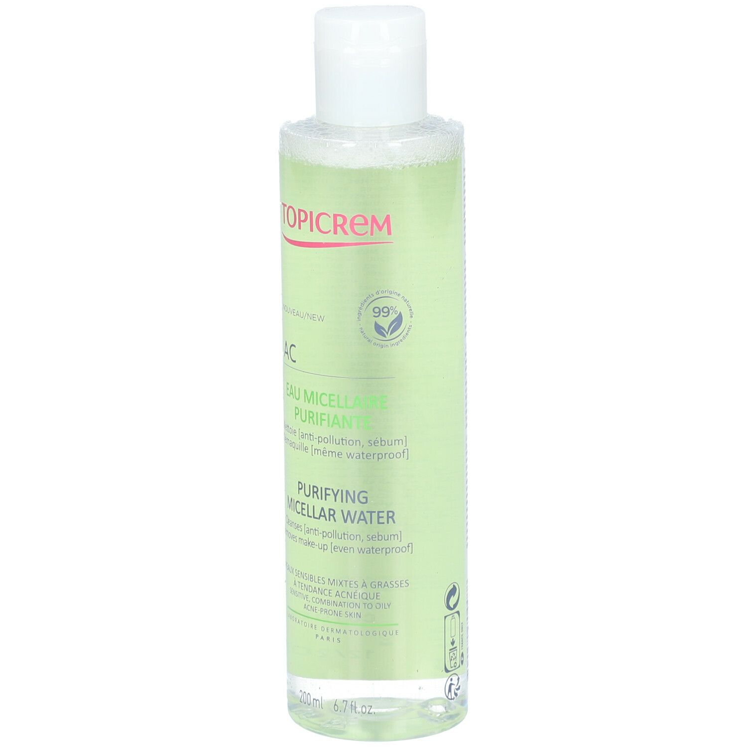 Klare Flasche mit weißem Deckel. Etikett mit Produktnamen und grünen Akzenten. Text: AC Eau Micellaire Purifiante.