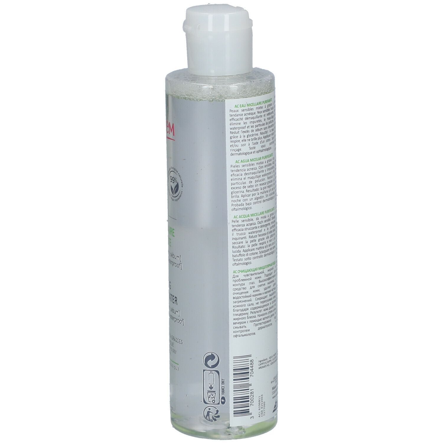 Transparente Flasche mit weißem Deckel. Etikett mit Text und grünen Akzenten. Produktname und Inhaltsstoffe.