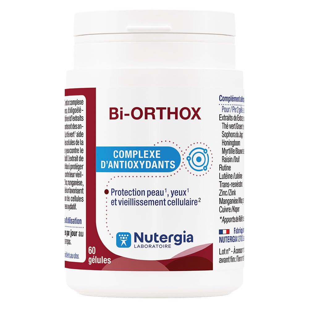 Witte fles Bi-ORTHOX, 60 capsules. Complexe d'antioxydants. Bescherming huid, ogen en celveroudering. Nutergia.