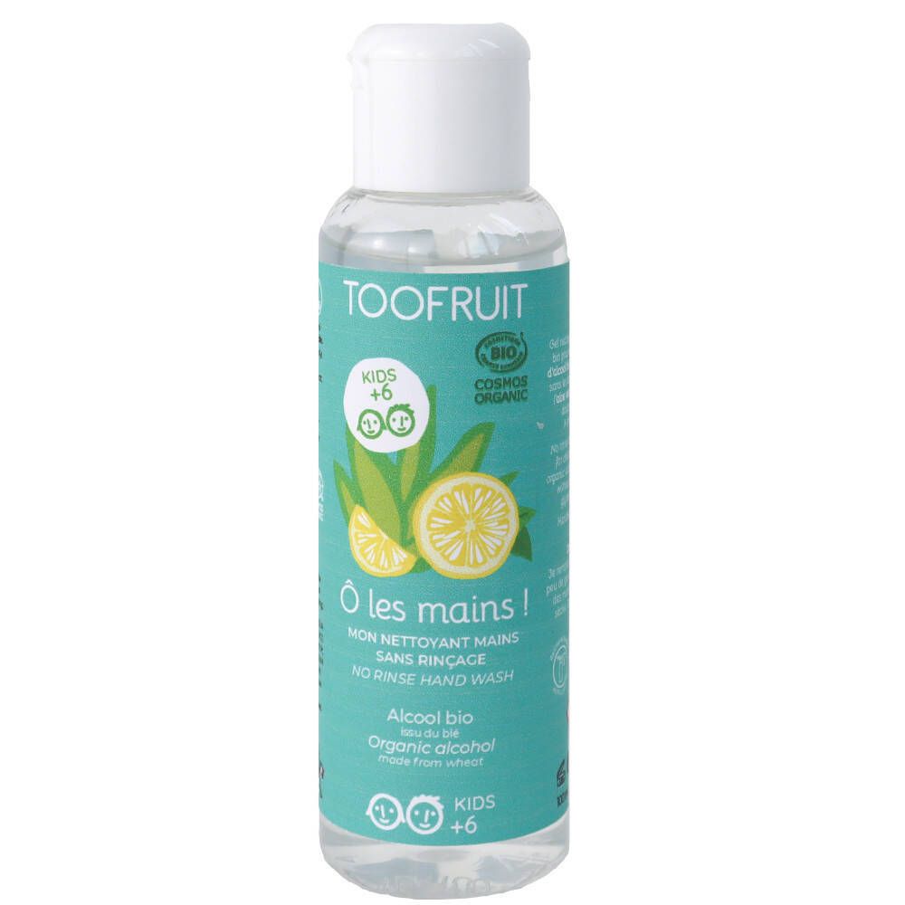 TOOFRUIT® Ô les Mains handwasgel. Fles met witte dop en turquoise etiket. Citroen illustratie.