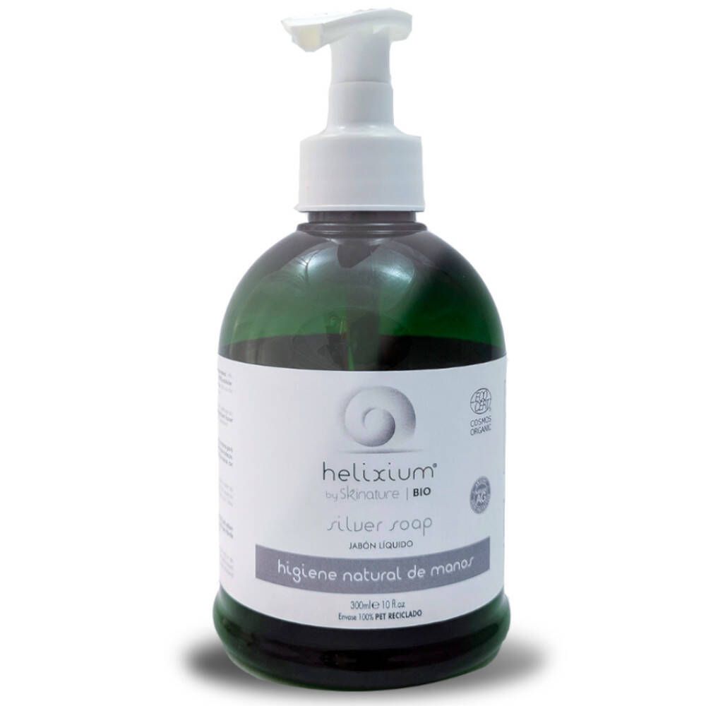 Groene fles met witte pomp. Opschrift: Helixium Silver Soap. Etiket met Spaanse tekst.