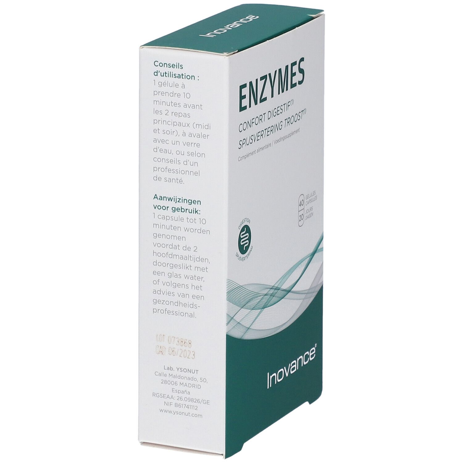 Vue latérale de la boîte "ENZYMES". Texte: conseils d'utilisation. Marque Inovance. Date limite: 06/2023. Logo digestion.