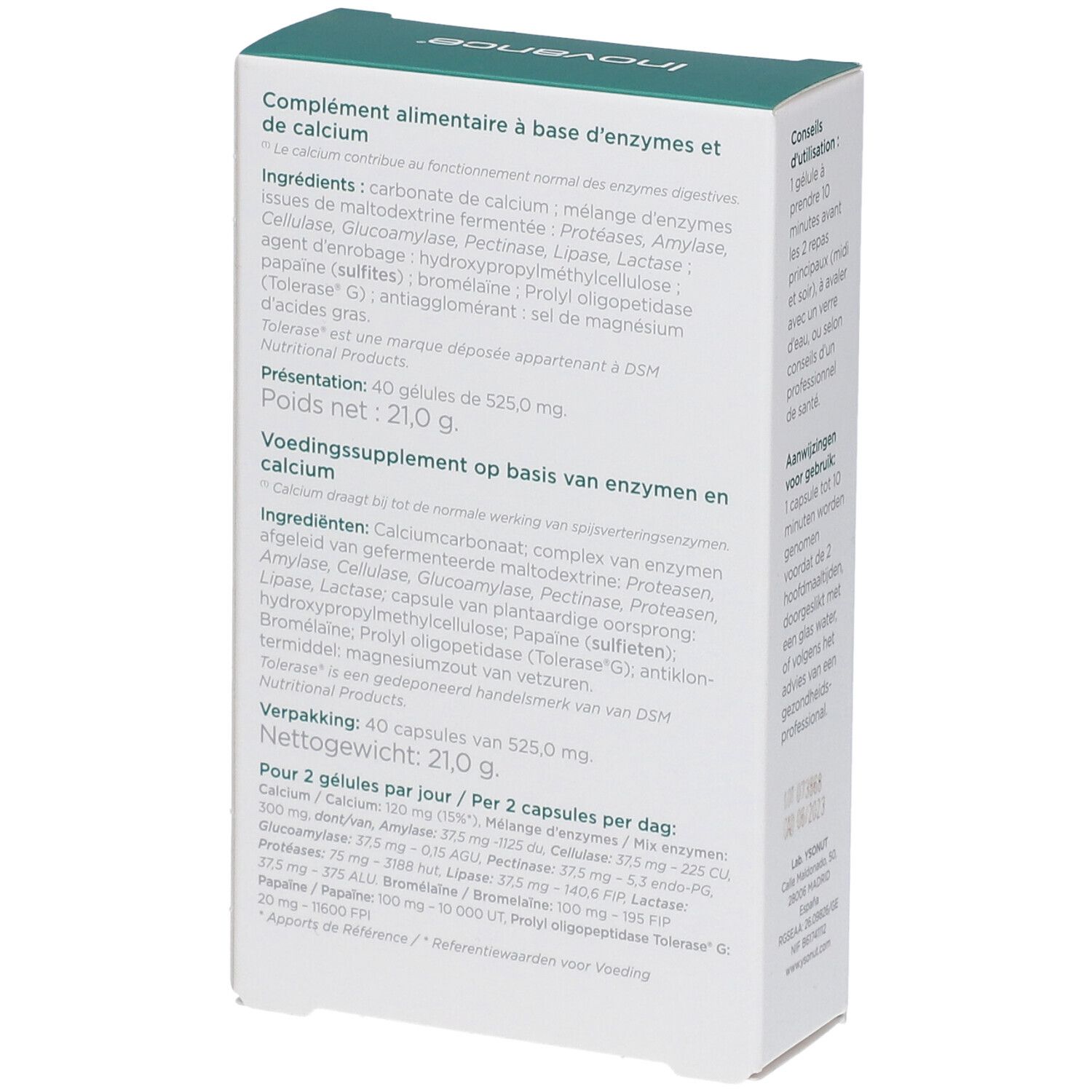 Dos de la boîte "ENZYMES". Texte: complément alimentaire. Ingrédients et informations nutritionnelles. Marque Inovance.