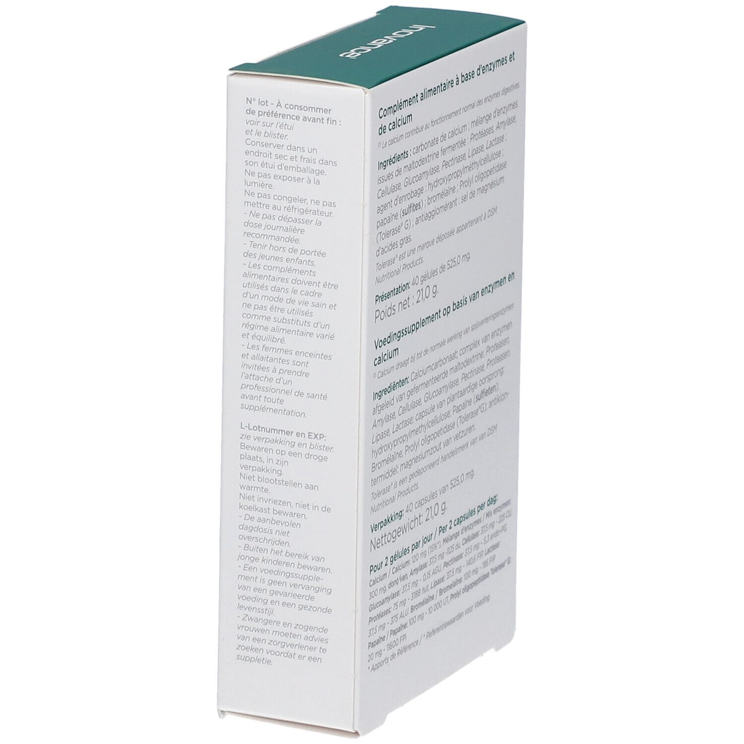 Vue latérale de la boîte "ENZYMES". Texte: complément alimentaire. Ingrédients et informations nutritionnelles. Marque Inovance.