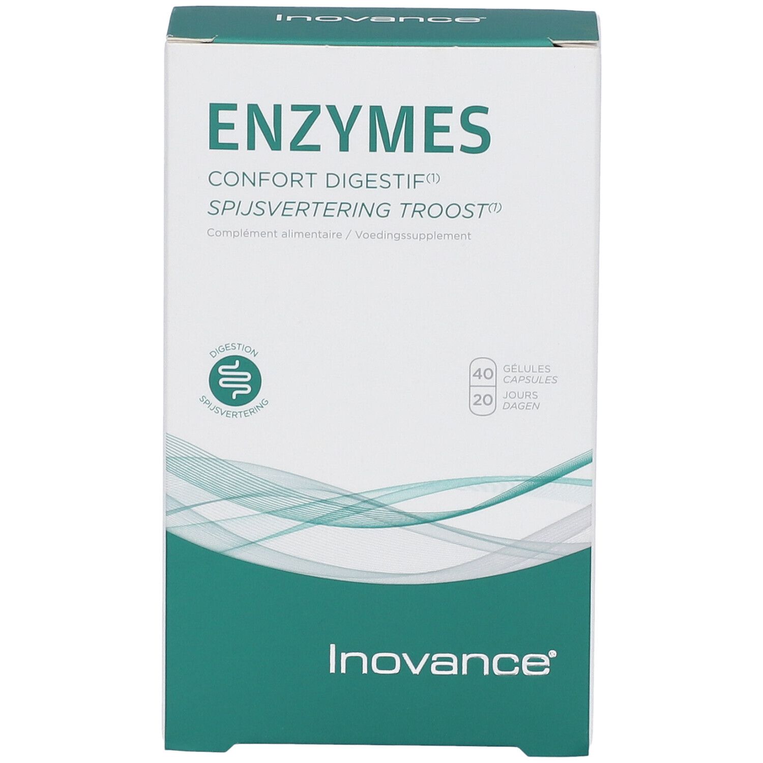 Boîte "ENZYMES". "Confort digestif" et "Spijsvertering troost" en dessous. Marque Inovance. Contient 40 gélules.
