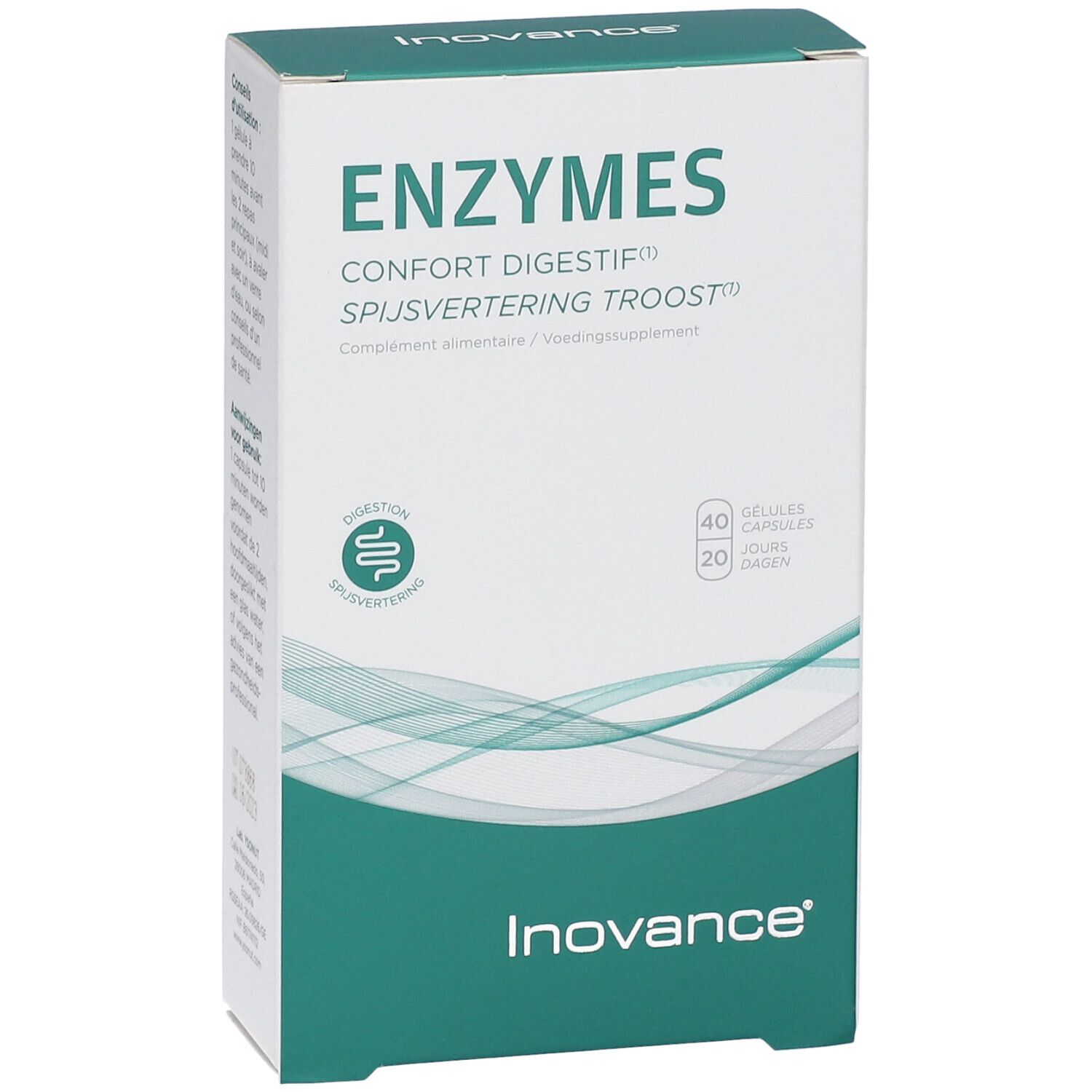 Boîte "ENZYMES". "Confort digestif" et "Spijsvertering troost" en dessous. Marque Inovance. Contient 40 gélules.