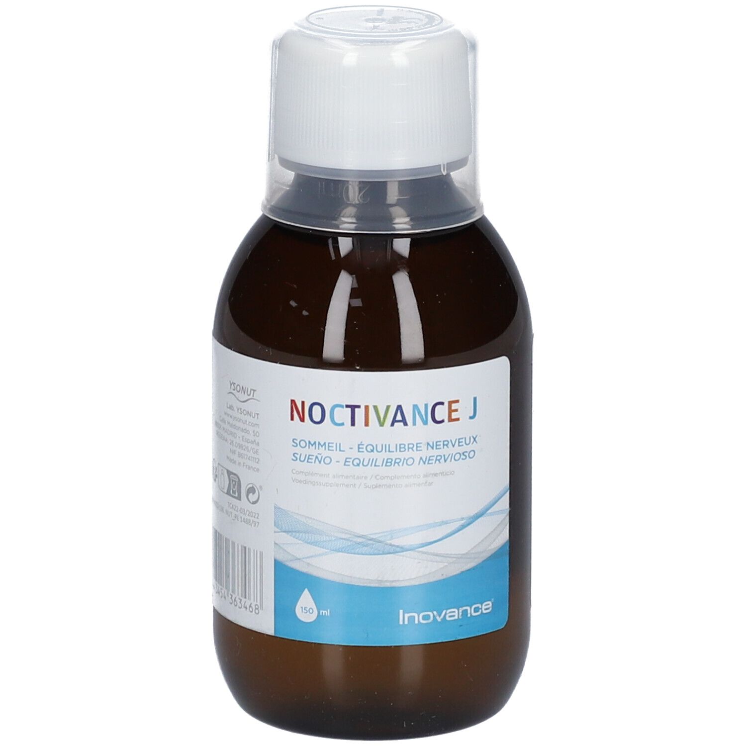 Bruine glazen fles met witte dop. Opschrift: Noctivance J, slaap, nerveus evenwicht. Inovance-logo.