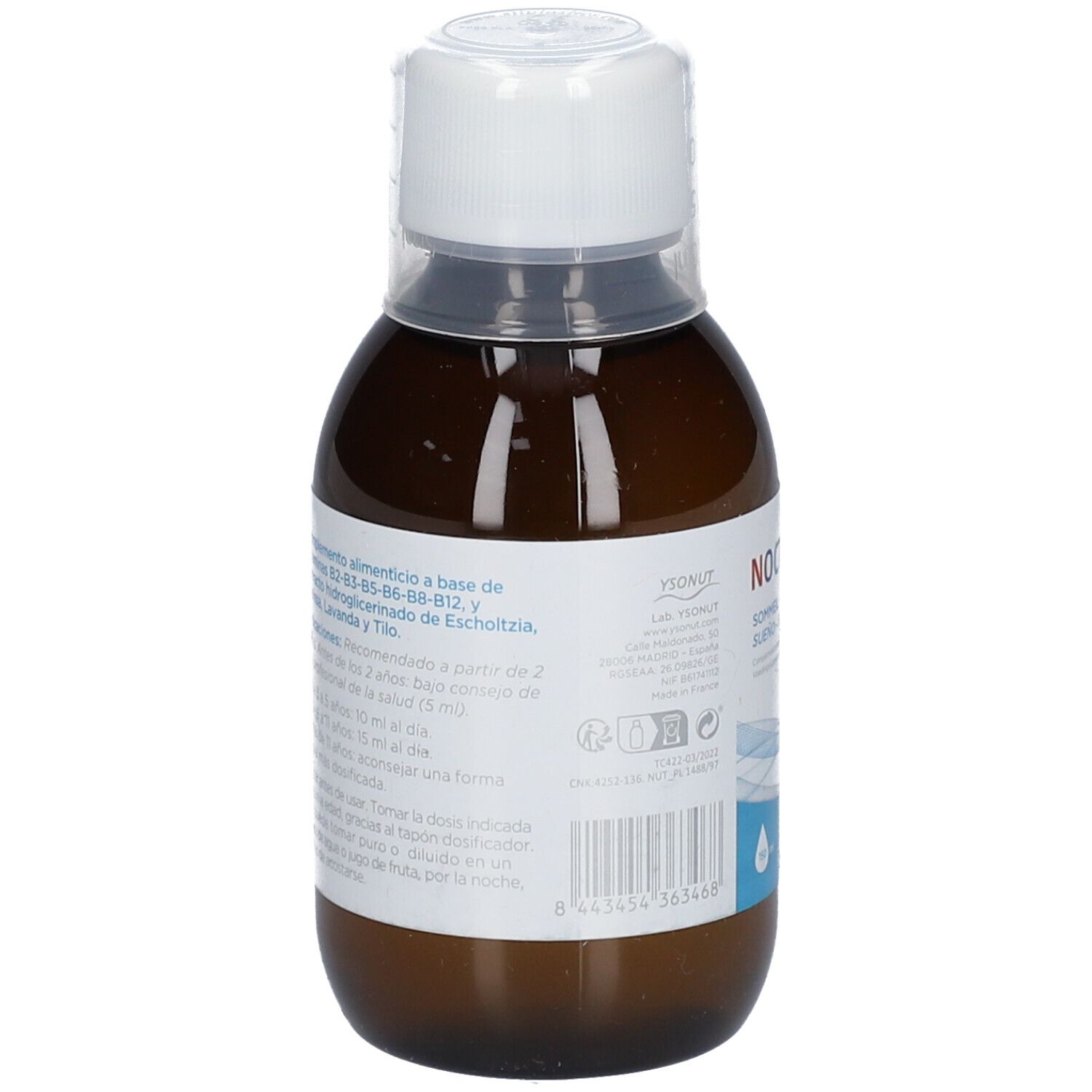 Achterkant van de bruine glazen fles met witte dop. Tekstinformatie en barcode. Inovance-logo.