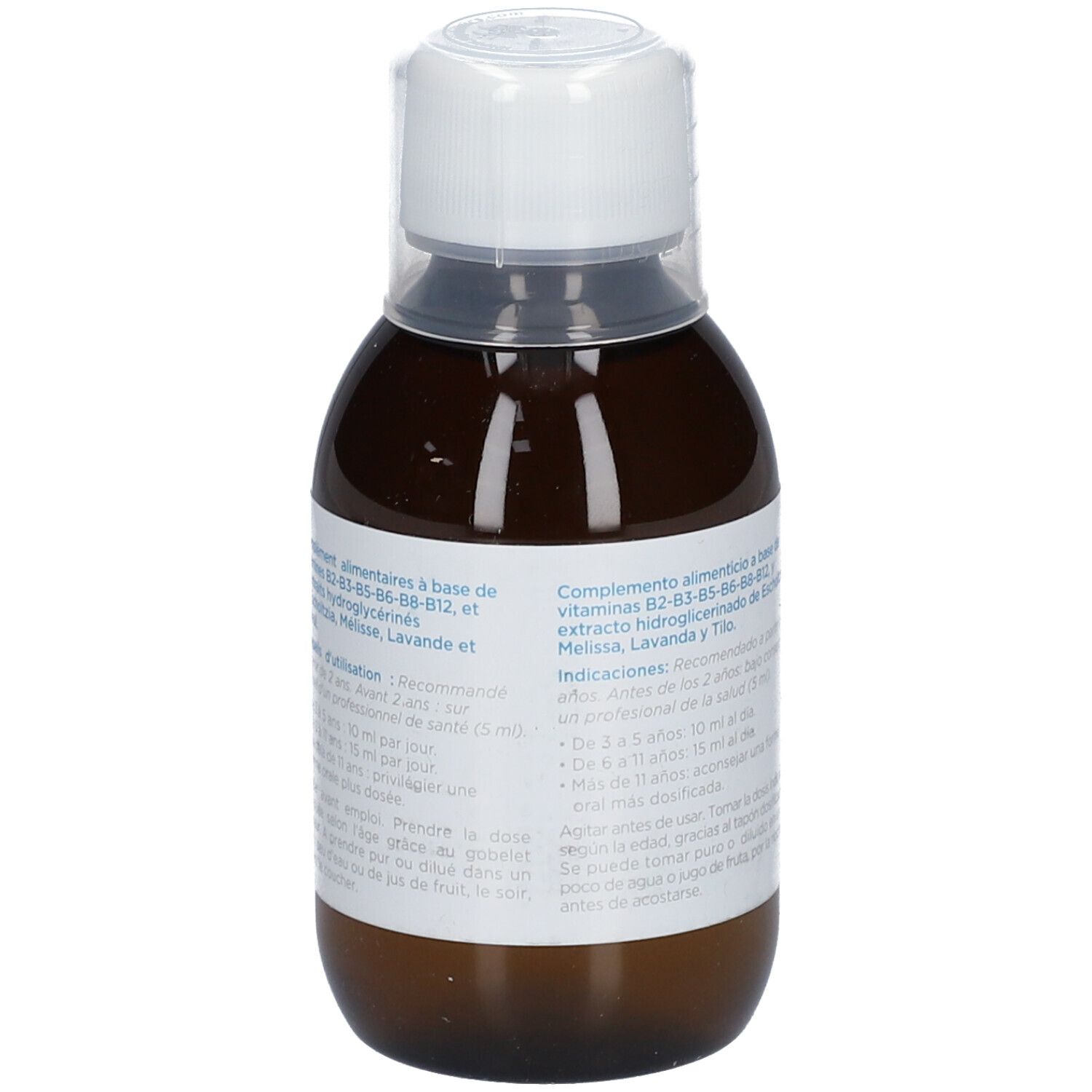 Bruine glazen fles met witte dop. Tekstinformatie op etiket. Inovance-logo. Ingrediëntenlijst.