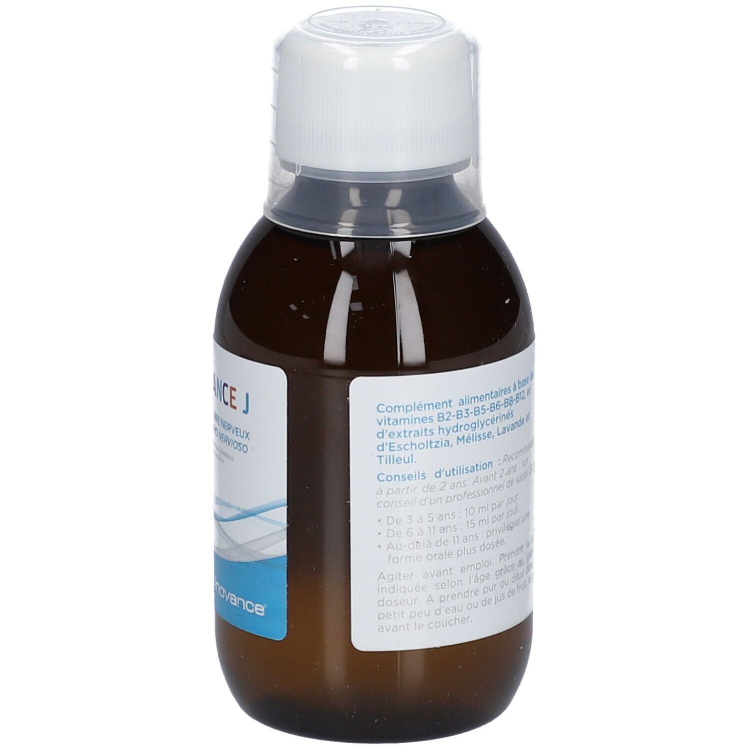 Bruine glazen fles met witte dop. Tekstinformatie op etiket. Inovance-logo. Gebruiksaanwijzing.