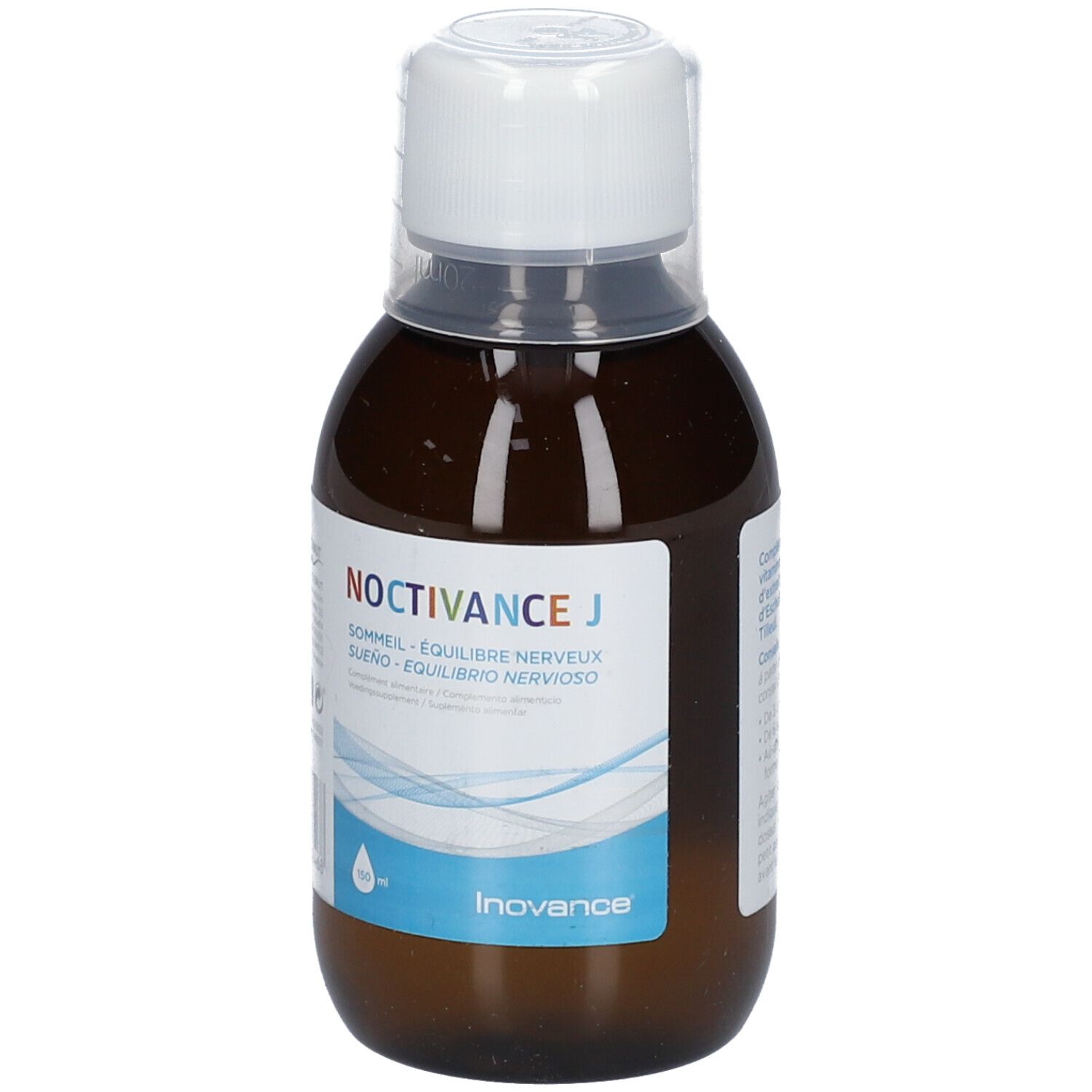 Bruine glazen fles met witte dop. Opschrift: Noctivance J, slaap, nerveus evenwicht. Inovance-logo.